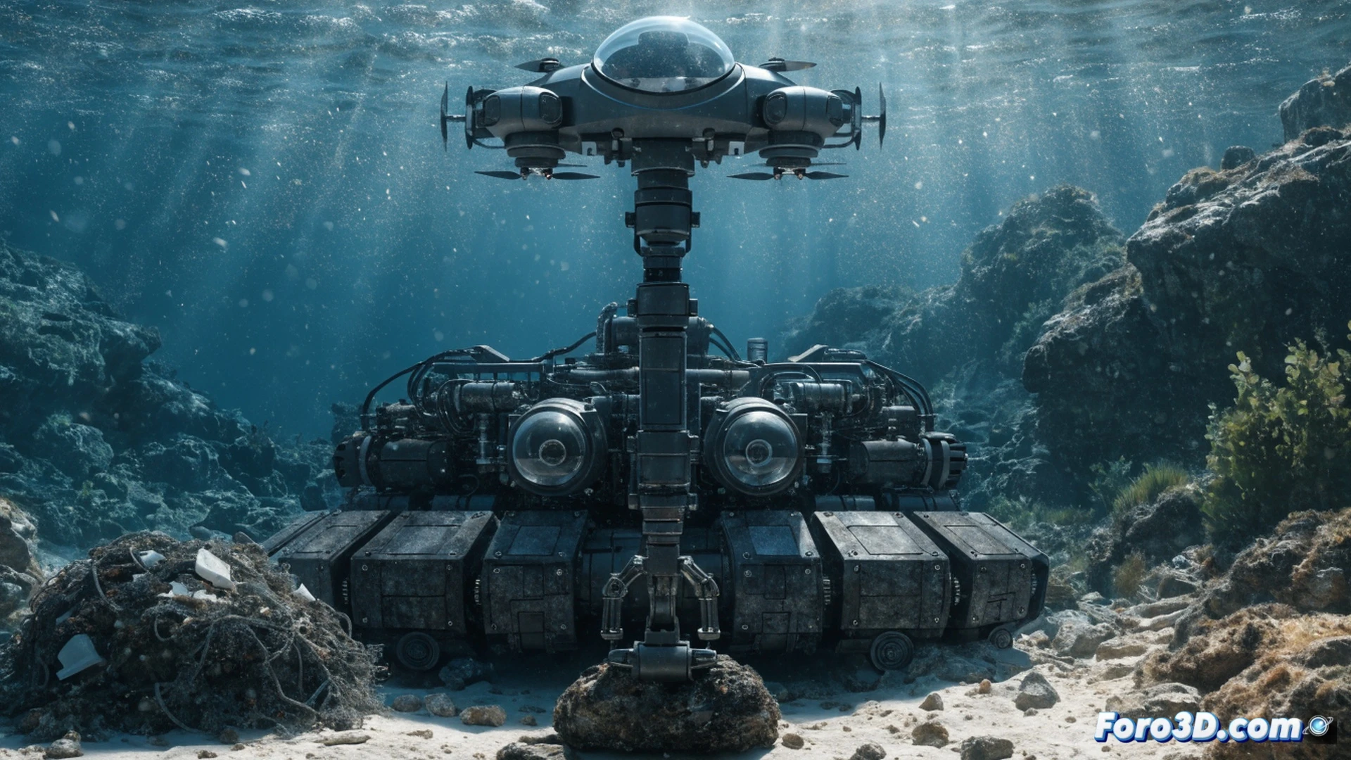 Autonomous underwater robot descending through murky green seawater toward a trash-covered seabed, robotic claw arm extending to grip a rusted metal barrel without crushing it, sediment clouds rising from the seabed during the approach, soft bioluminescent blue indicator lights on the drone body, high-intensity LED beams cutting through turbid water, carbon-fiber reinforced manipulator arm with hydraulic joints, onboard sensor array scanning debris, photorealistic engineering visualization, cinematic underwater lighting with volumetric rays, detailed mechanical components and corrosion textures, realistic ocean particulate matter floating in the water column