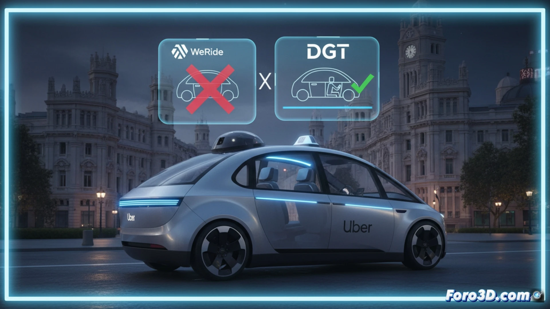 Autonomous electric taxi driving through Madrid city street at night, empty driver seat visible through windshield, dashboard screens showing navigation software with route planning interface, lidar sensor array on roof emitting scanning beams, pedestrian crossing ahead, traffic light showing green, side mirrors displaying digital obstacle detection overlays, cinematic photorealistic render, dramatic urban lighting with neon reflections on wet asphalt, ultra-detailed mechanical components, motion blur on wheels, glowing sensor data lines, technical engineering visualization