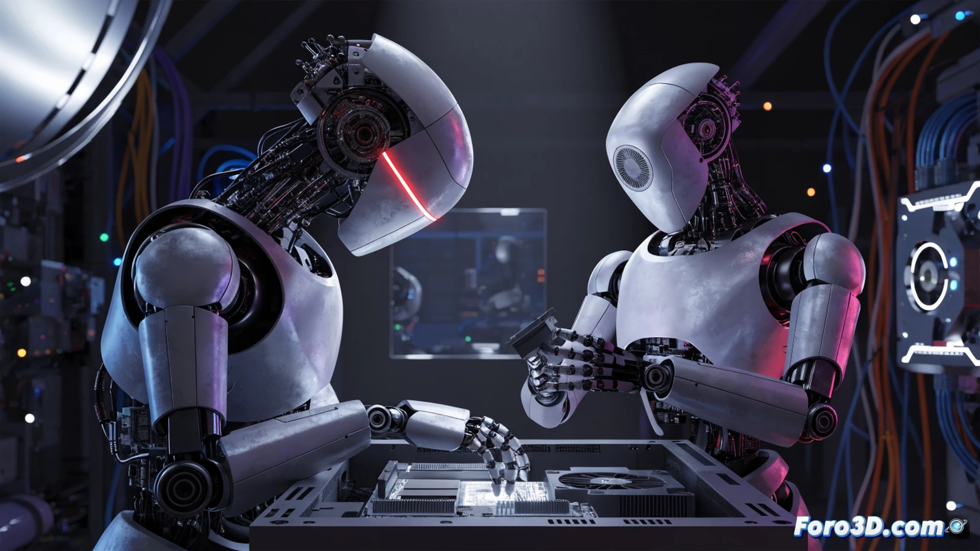 Eight industrial robotic arms with precision grippers assembling a PC motherboard on a conveyor belt, one robot inserting a GPU into a PCIe slot while another holds a CPU cooler above, a glowing holographic display shows AI learning metrics and error rates, a separate locked glass case contains an untouched RTX 5090 with a red warning symbol, sterile factory environment with blue LED lighting, metallic surfaces reflecting sharp highlights, photorealistic engineering visualization, dramatic industrial lighting, ultra-detailed mechanical joints and circuit traces, motion blur on the robotic arms during action, technical illustration style