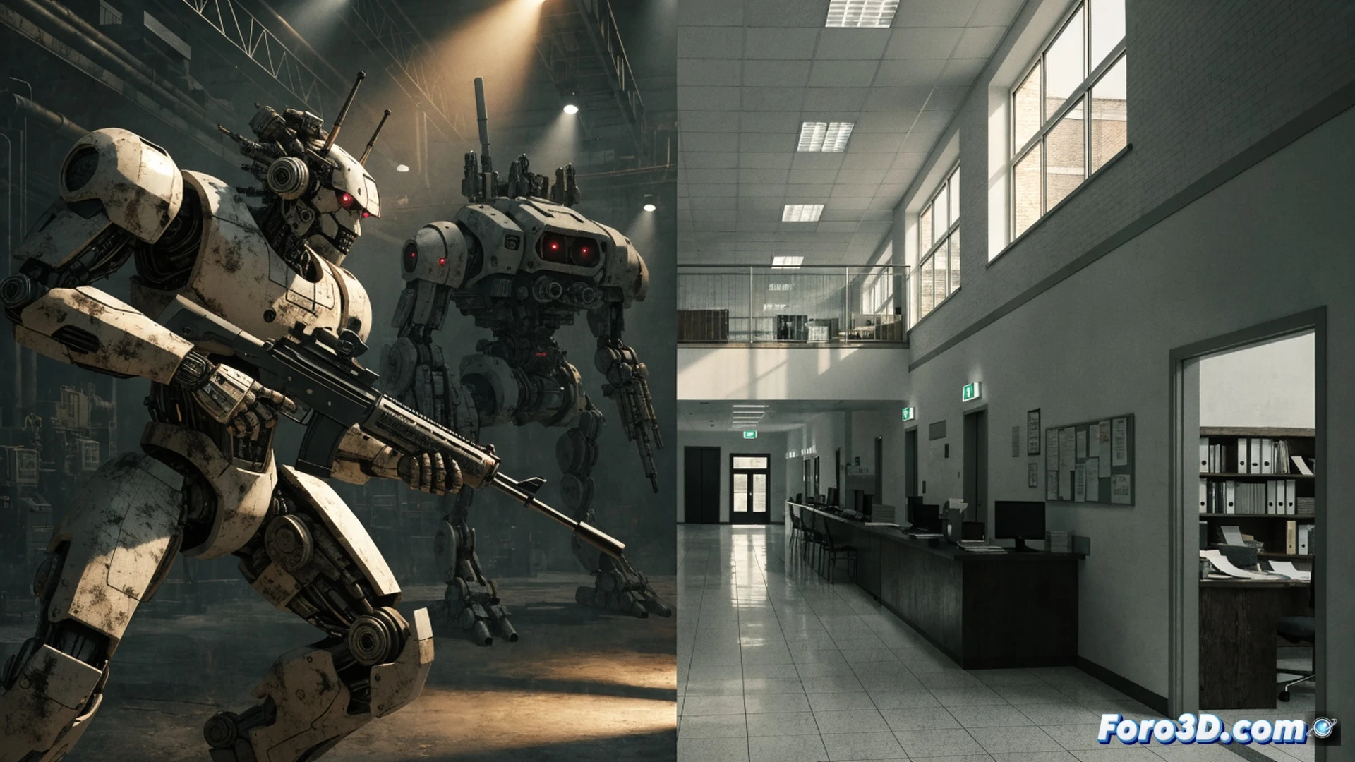 Cinematic photorealistic scene of a humanoid combat robot aiming a weapon at a civilian silhouette, while a hospital bed and an empty classroom desk sit in the background under dim fluorescent light. The robot s metal chassis shows exposed wiring and sensor arrays, red targeting laser scanning across the floor. Dust particles float in the air, dramatic side lighting creates long shadows, ultra-detailed mechanical joints, cold metallic reflections, dystopian atmosphere, high contrast, technical illustration style, photorealistic render.