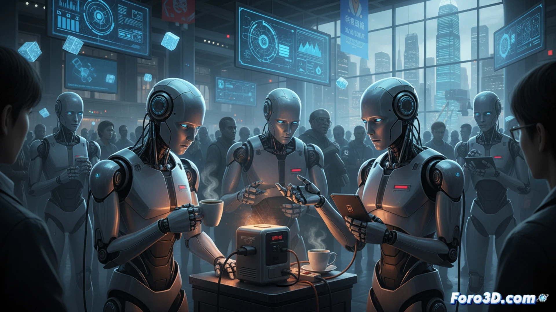 Humanoid robot exhibition hall in Hong Kong, April 2026, over one hundred humanoid robots performing fine manipulation tasks, one robot pouring coffee from a delicate ceramic cup into a saucer while another robot arm visibly falters, battery indicator flashing red low-power warning on its chest panel, nearby engineer checking a tablet showing power drain graph, robotic fingers gripping a tiny screwdriver adjusting a circuit board, another robot engaged in fluent conversation with a visitor, glowing LED eyes and articulated jaw moving, background rows of identical humanoid units standing idle with dimmed power lights, technical trade show environment with cables and charging stations visible, dramatic spotlight on the struggling robot, cinematic photorealistic engineering visualization, ultra-detailed mechanical joints and wiring, industrial lighting with cool blue and warm amber tones, shallow depth of field emphasizing the battery warning display, high contrast metallic surfaces, precise technical illustration style