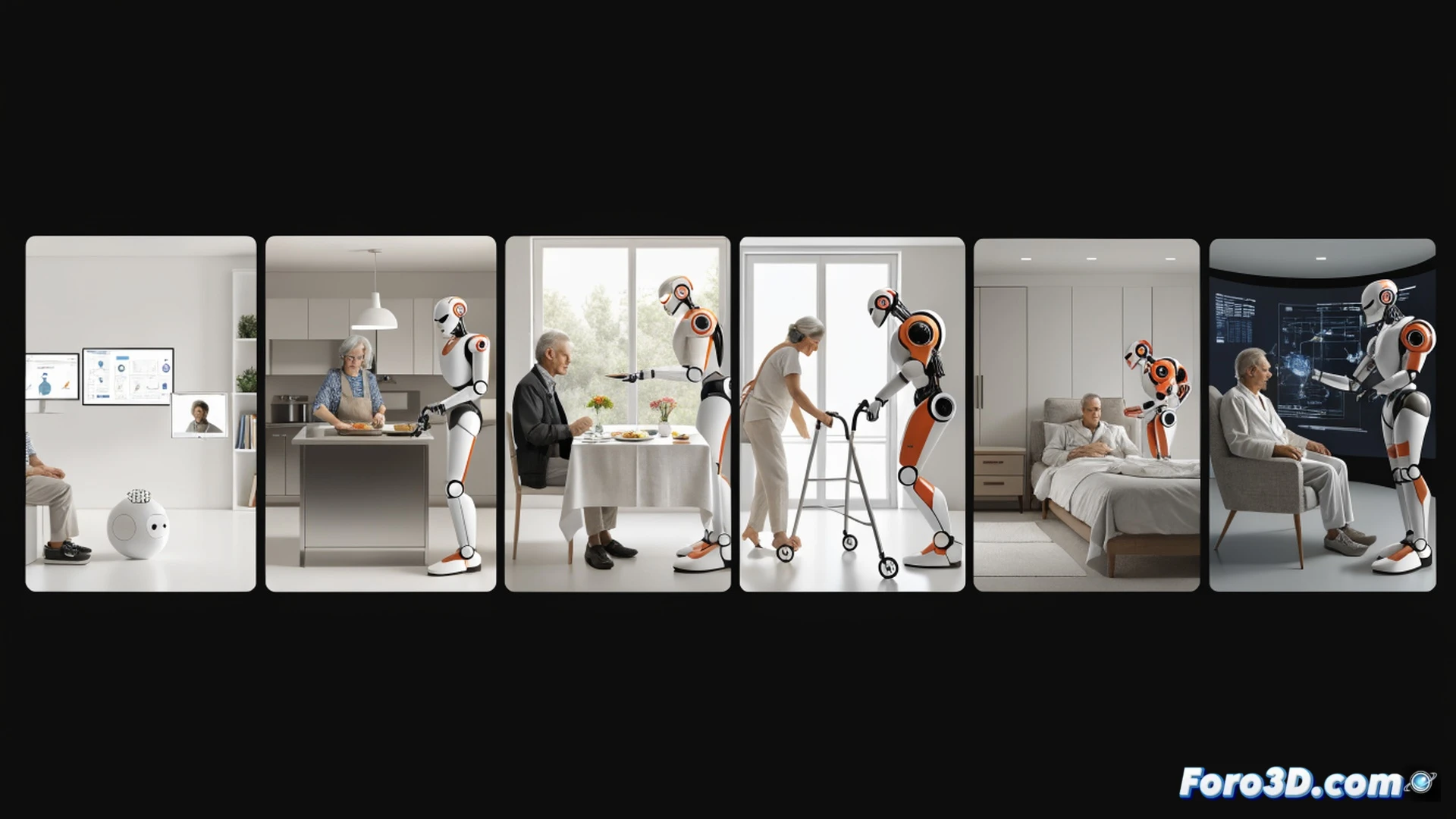 Photorealistic technical illustration of a modern living room scene showing a sleek humanoid wellness robot assisting an elderly person while standing up from a sofa, robot’s chest panel displaying a glowing six-level autonomy scale indicator, robotic arm gently supporting the elder’s elbow, tablet on coffee table showing care schedule software, soft natural light through window, warm domestic interior, clean minimalist design, subtle blue LED accents on robot joints, demonstrating assisted movement process, cinematic engineering visualization, ultra-detailed mechanical joints and sensors, photorealistic render