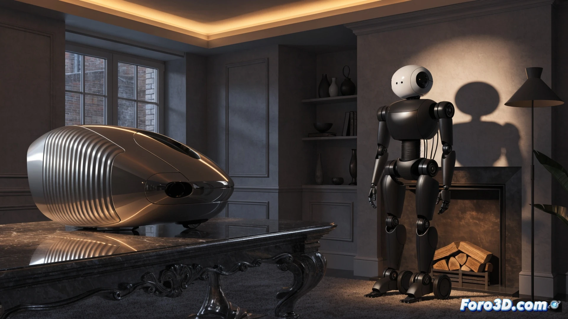 modern living room scene, Amazon Astro robot with circular screen and wheels moving cautiously past a sofa, human hand gently reaching out to touch its top sensor, soft warm ambient light from floor lamp, robot’s screen displaying a calm glowing eye animation, technical illustration style, polished white plastic casing, subtle LED indicators on chassis, shadow of robot cast on wooden floor, photorealistic render, shallow depth of field, clean minimalist interior, neutral beige walls, sense of trust and safety in human-robot interaction