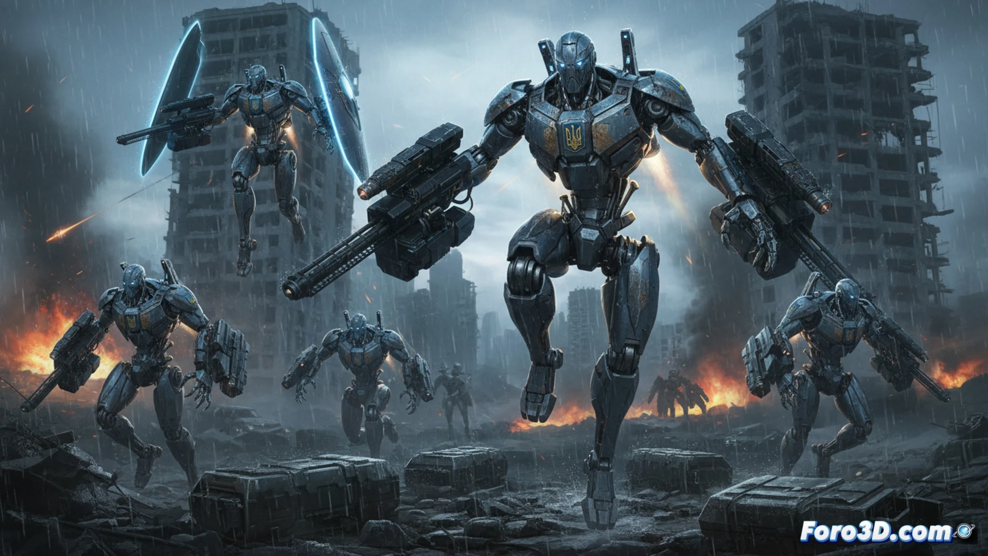 humanoid robot in urban combat zone, Phantom MK-1 model carrying a wounded soldier over its shoulder while another unit fires a shoulder-mounted cannon, metallic exoskeleton joints glowing with blue energy, damaged concrete walls and smoke in background, bullet casings falling mid-air, tactical drone hovering overhead, photorealistic cinematic war scene, dramatic orange and blue lighting, motion blur on robotic limbs, ultra-detailed hydraulic pistons and armor plating, gritty battlefield atmosphere, high-contrast shadows, dynamic action pose