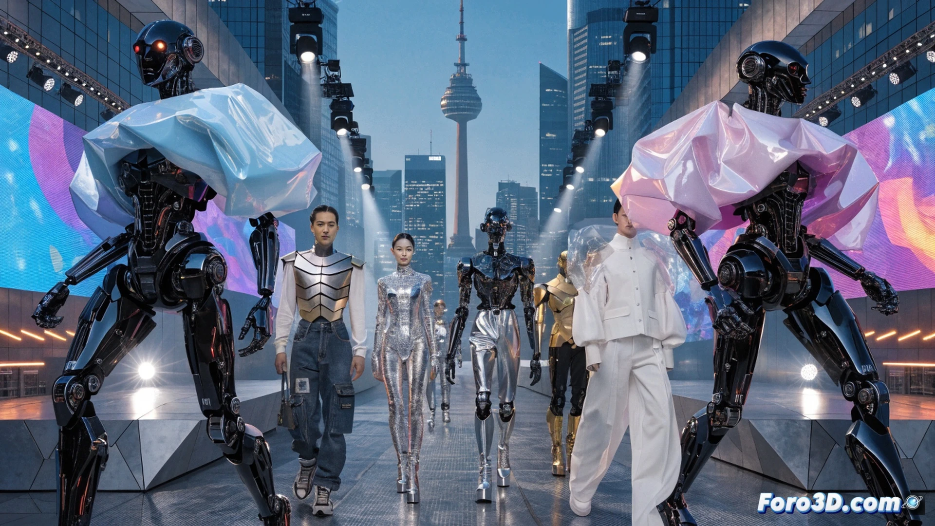 humanoid robot and human model walking together on a Seoul fashion runway, robot wearing a metallic fabric jacket with visible servo motors and joint actuators, human model in coordinated avant-garde outfit, robot arm raised mid-stride demonstrating smooth motion while LED strips along its limbs pulse with data flow, audience silhouettes in background with smartphone screens glowing, catwalk surface reflecting spotlights, cinematic photorealistic style, shallow depth of field, dramatic stage lighting with cool blue and warm amber tones, ultra-detailed mechanical joints and textile textures, futuristic fashion show atmosphere, dynamic pose capturing simultaneous walking action