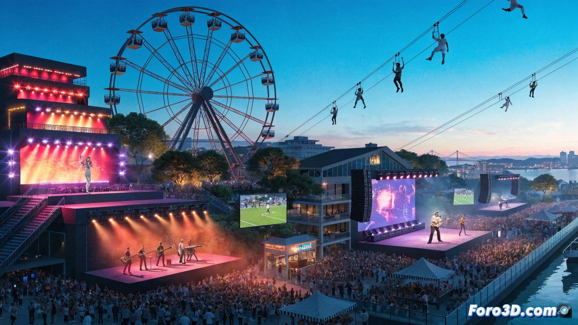 Rock in Rio Lisboa festival aerial view at sunset, Parque Tejo crowded with thousands of people moving between four illuminated stages, a giant ferris wheel spinning slowly while a zip line cable shows a rider in mid-air descent, large video screens displaying live football match, stage lights sweeping across the crowd, cinematic photorealistic render, vibrant summer atmosphere, dynamic wide-angle perspective, action showing simultaneous concert crowd and amusement rides operating, glowing stage trusses and speaker arrays visible, ultra-detailed festival infrastructure