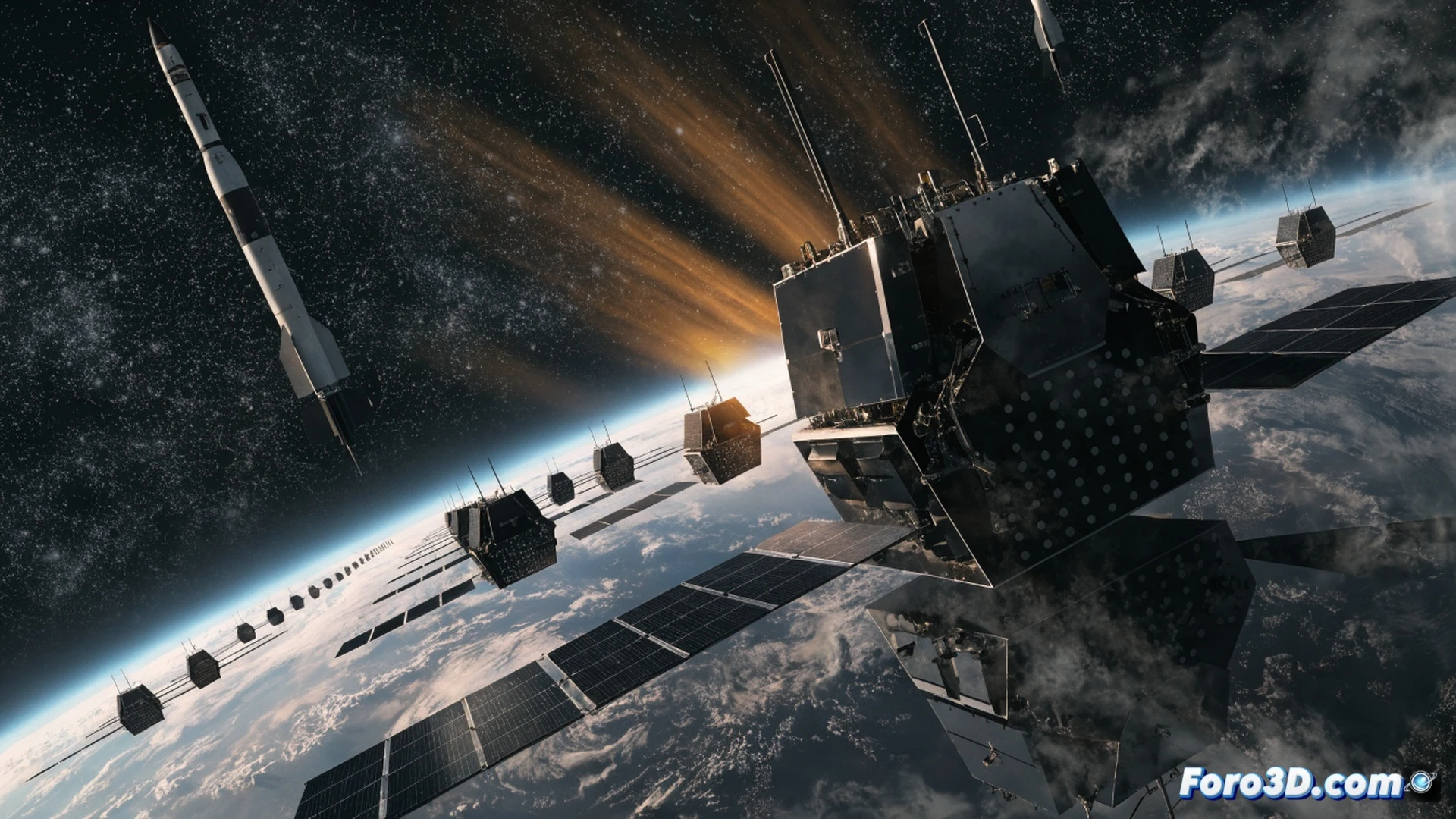 cinematic space scene showing 66 Iridium satellites being repositioned by Rocket Lab spacecraft in Earth orbit, satellite constellation forming a hexagonal mesh pattern, one satellite firing ion thruster while another unfolds new communication antenna, Earth visible below with network coverage beams connecting to ships and airplanes, photorealistic engineering visualization, metallic satellite bodies with solar panels reflecting sunlight, blue planet curvature, orange atmospheric glow on horizon, orbital debris particles in background, dramatic lighting from Earthshine, ultra-detailed mechanical joints and thermal blankets, motion blur on rotating reaction wheels