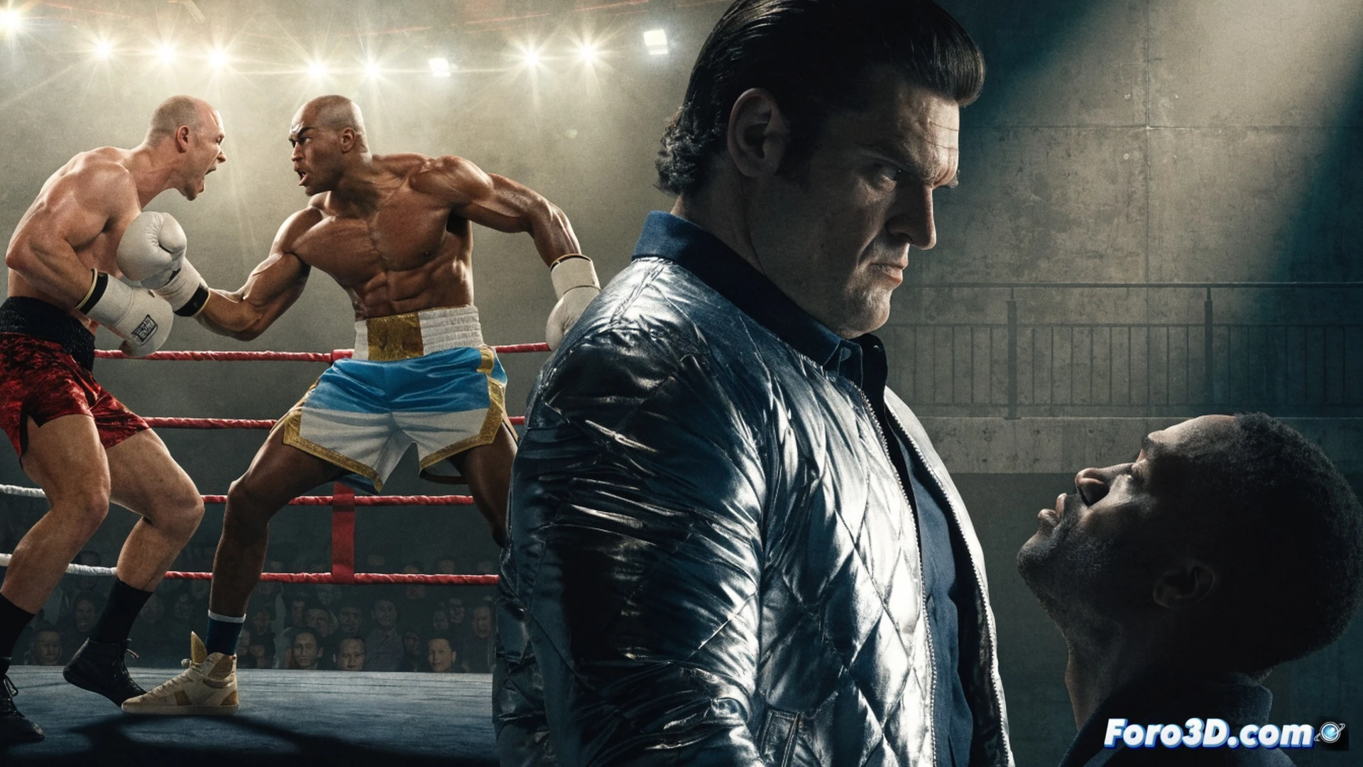 two boxers mid-action in a rain-slicked ring, one wearing red gloves with a faded Stars and Stripes motif, the other in Soviet-era grey gear with a scarred face, a holographic split-screen display hovering above showing technical stats and a timeline of 1976 to present, cinematic photorealistic style, dramatic stadium lights cutting through steam rising from the mat, sweat droplets frozen mid-air, motion blur on punching fists, deep shadows on bruised ribs, metallic gleam from championship belts on the ropes, ultra-detailed muscle tension and fabric texture, high-contrast film grain, arena crowd blurring into dark silhouettes
