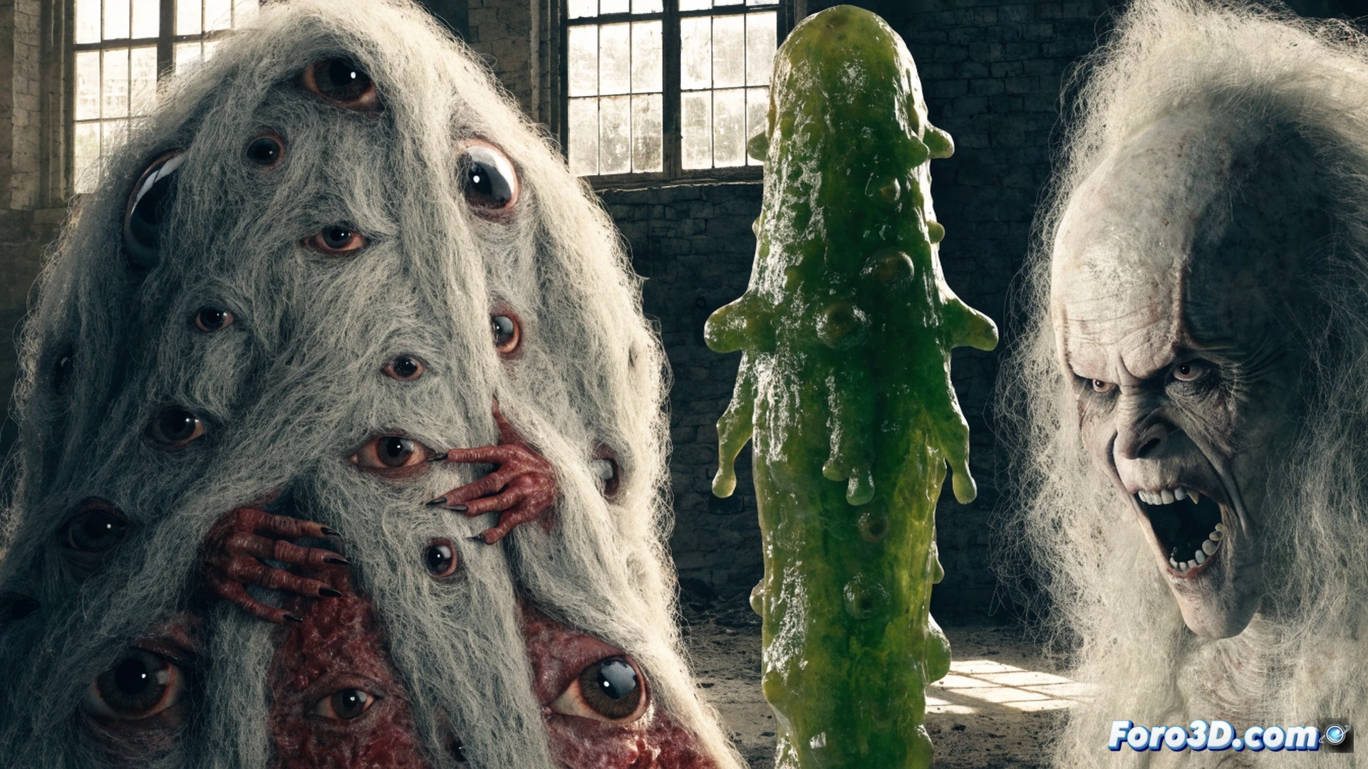 monstrous creature design process in a dark digital workshop, animators sculpting a grotesque pickle monster with segmented body and sharp teeth on a holographic 3D model, hands manipulating stylized control panels while wireframe skeletons of Pennywise forms rotate in background, glowing reference screens showing texture maps and muscle layers, cinematic technical illustration style, dramatic blue and red volumetric lighting, photorealistic render, floating particle effects around the creature's mouth, detailed organic textures with slimy reflections, showing the step-by-step construction of horror anatomy
