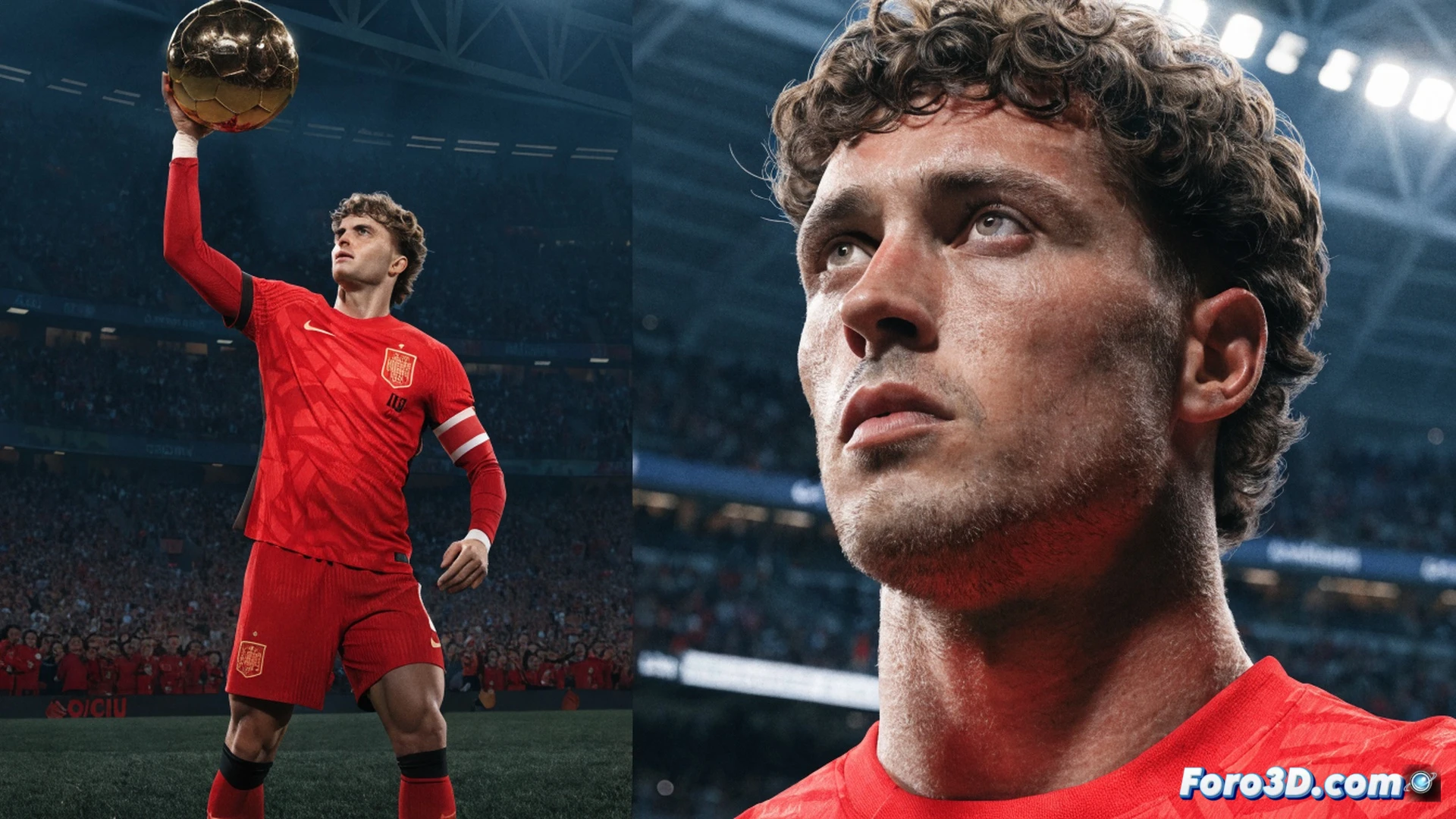 Spain national team midfielder Rodri holding Ballon d'Or trophy while directing play during training session, teammates in red jerseys positioning around him, tactical formation on green pitch, gold trophy gleaming in sunlight, professional football stadium background, coaching staff observing from sideline, dynamic action pose with arm raised pointing forward, photorealistic sports photography style, dramatic golden hour lighting, shallow depth of field, ultra-detailed jersey textures, grass blades in focus, high contrast shadows, cinematic composition, inspiring leadership moment