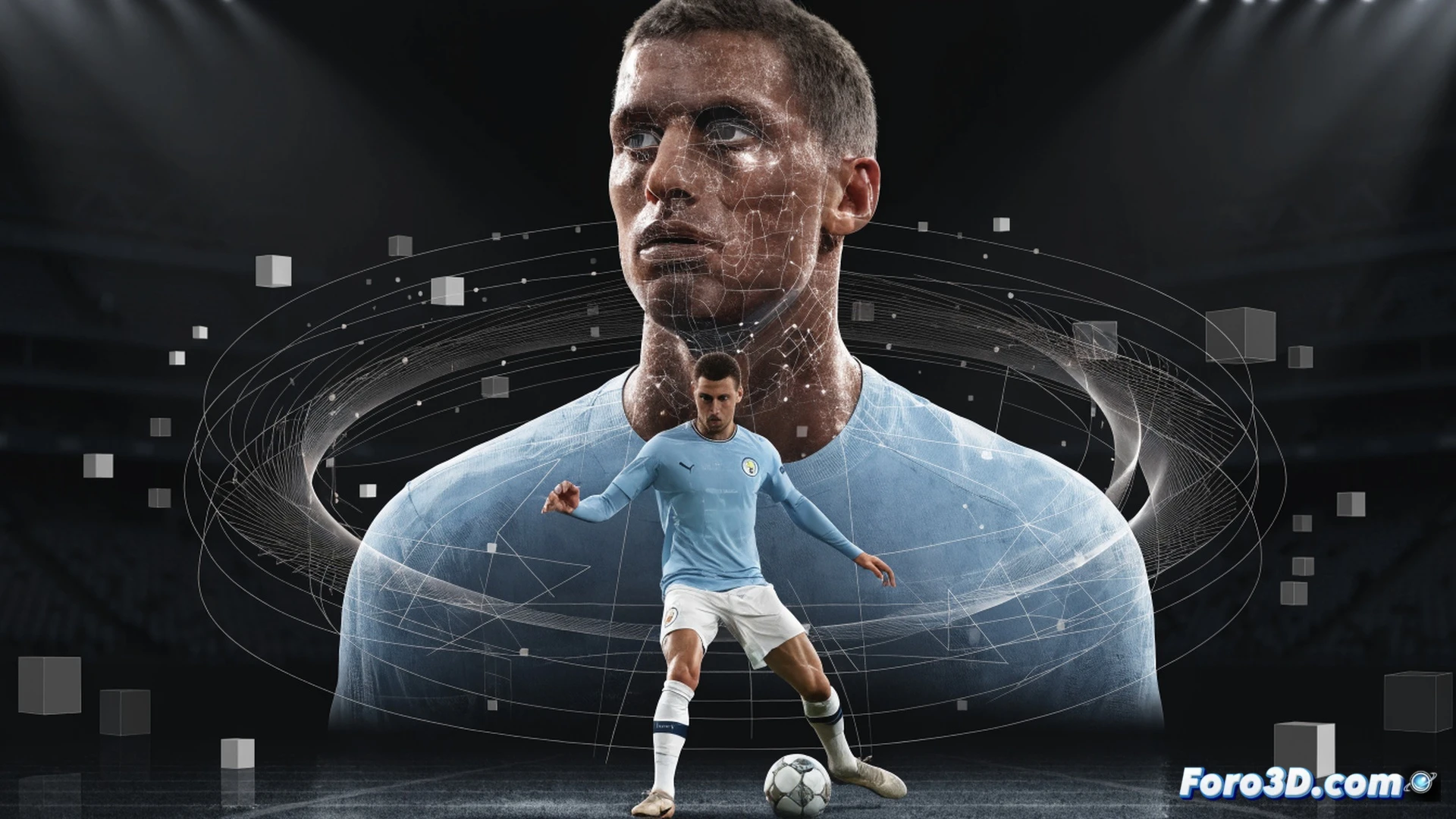 Photorealistic technical illustration of a football pitch viewed from above, Rodri Hernandez shown as a central 3D wireframe figure in Manchester City colors, glowing blue positional heat map radiating from his torso while passing arrows pulse from his feet toward teammates, opposing players in red wireframes collapsing around him, football trajectory lines showing diagonal switches, tactical zone overlays highlighting midfield control, cinematic engineering visualization with semi-transparent skeletal joints, motion capture dots on limbs tracking movement, stadium floodlights casting sharp shadows, ultra-detailed grass texture with worn passing lanes, dramatic low-angle stadium lighting, photorealistic 3D analysis render
