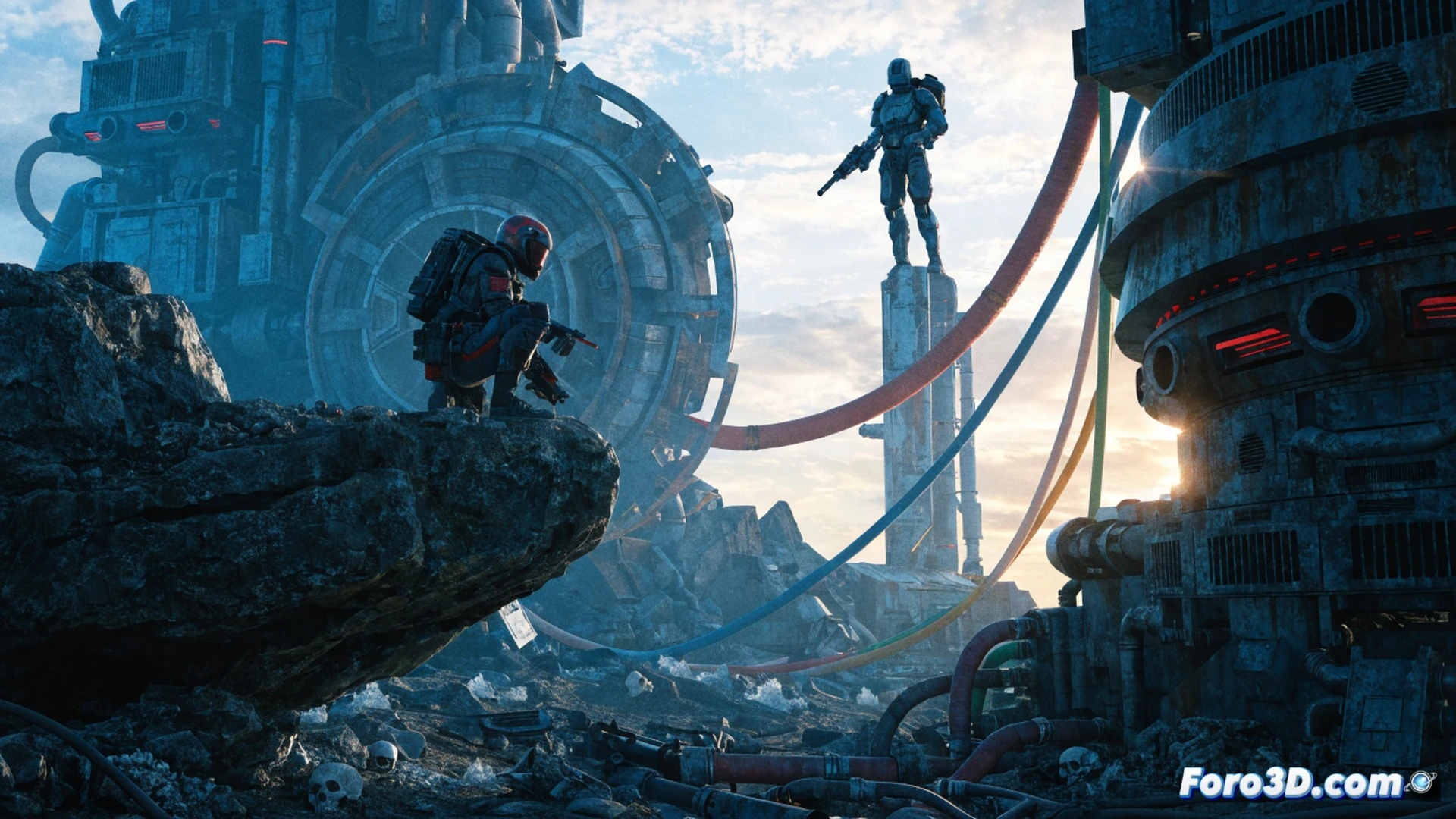 Rogue Trooper soldier in blue skin-tight uniform aiming a laser rifle during a motion capture session, Unreal Engine 5 wireframe overlay showing real-time rendering process, studio cameras and tracking markers on walls, green screen background with virtual battlefield projected on monitors, cinematic technical illustration, photorealistic lighting on actor and equipment, glowing holographic UI elements floating near the character, dramatic shadows from overhead rig lights, detailed motion capture suit with reflective spheres, ultra-sharp focus on weapon and engine interface, engineering visualization style