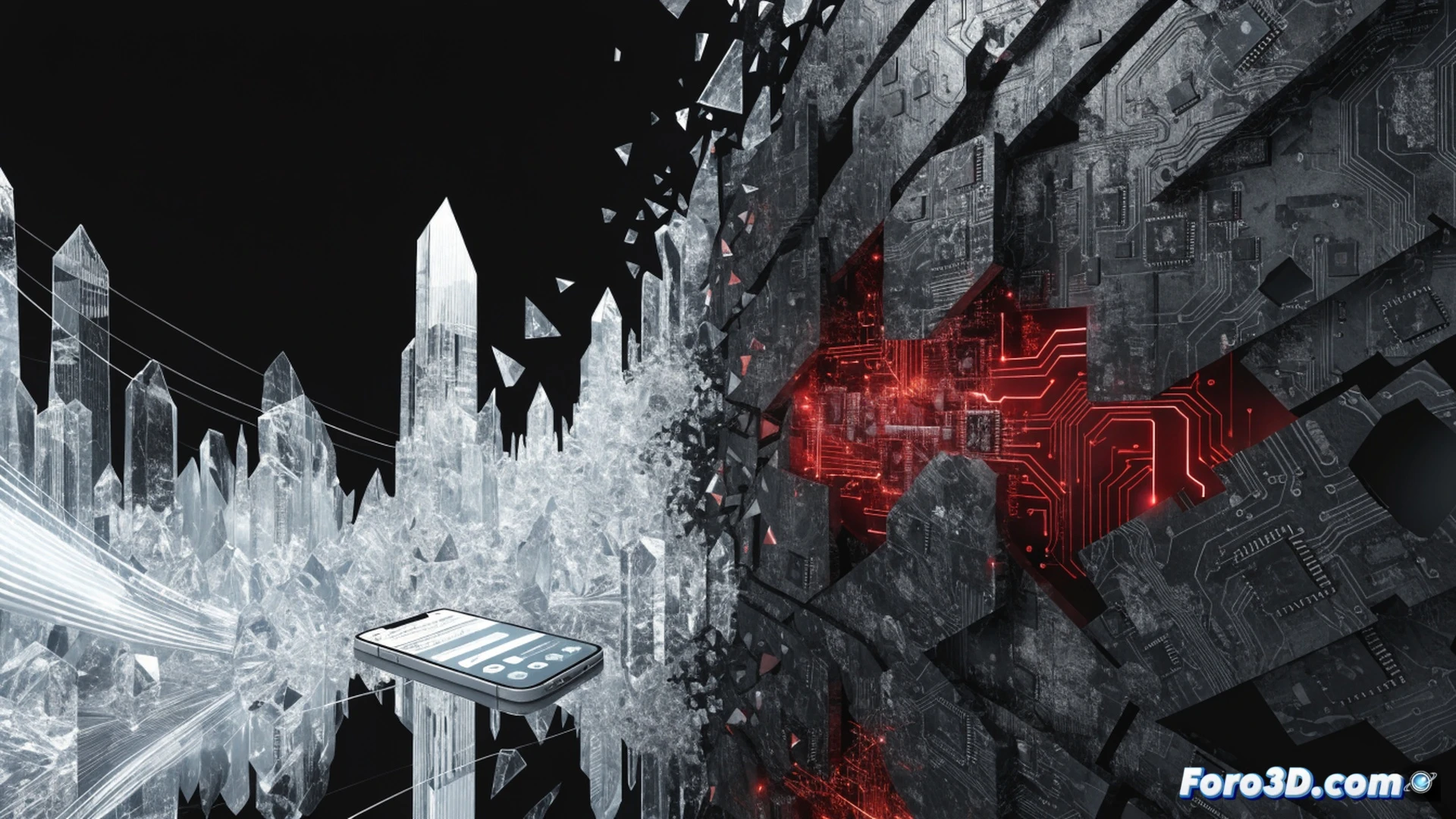 Android smartphone screen glowing with fake banking app overlay, malicious code injection process visible as red data streams entering a cryptocurrency wallet interface, SMS interception icon flashing while a trojan malware symbol extracts a PIN code, dark room with hacker silhouette in background, cinematic cybersecurity visualization, glowing green and red digital particles, photorealistic technical illustration, dramatic low-key lighting, ultra-detailed circuit board textures, motion blur on data theft process