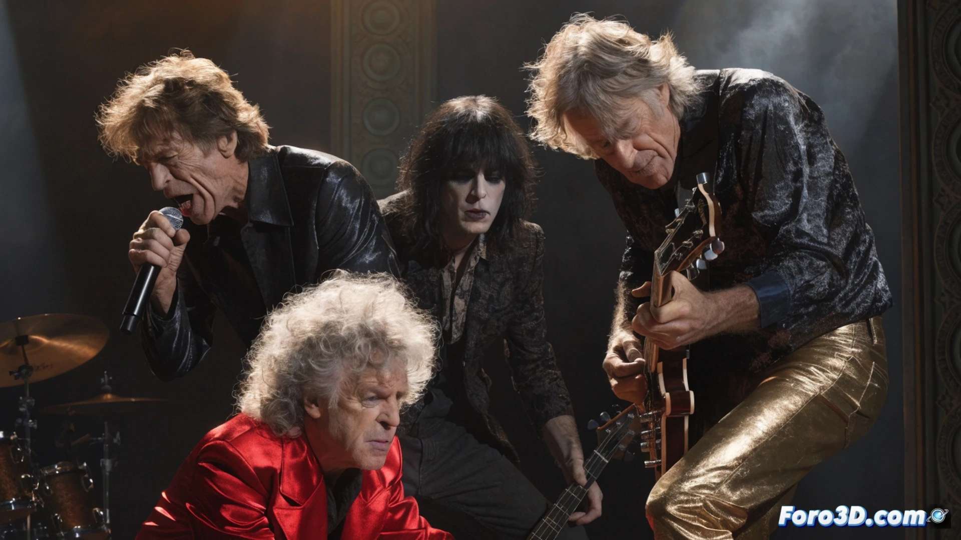 classic rock recording studio scene, vintage analog mixing console with glowing vacuum tubes and faders, Paul McCartney playing a Hofner bass while Robert Smith adjusts a guitar pedal, Mick Jagger singing into a vintage Neumann microphone, Keith Richards and Ronnie Wood playing Gibson and Fender guitars, red recording light active, reel-to-reel tape machine spinning, acoustic foam panels on walls, warm amber lighting with blue accent lights, dust motes floating in light beams, 1970s aesthetic with modern recording gear, cinematic photorealistic style, dynamic action during a live recording session, nostalgic rock atmosphere, ultra-detailed instruments and studio equipment