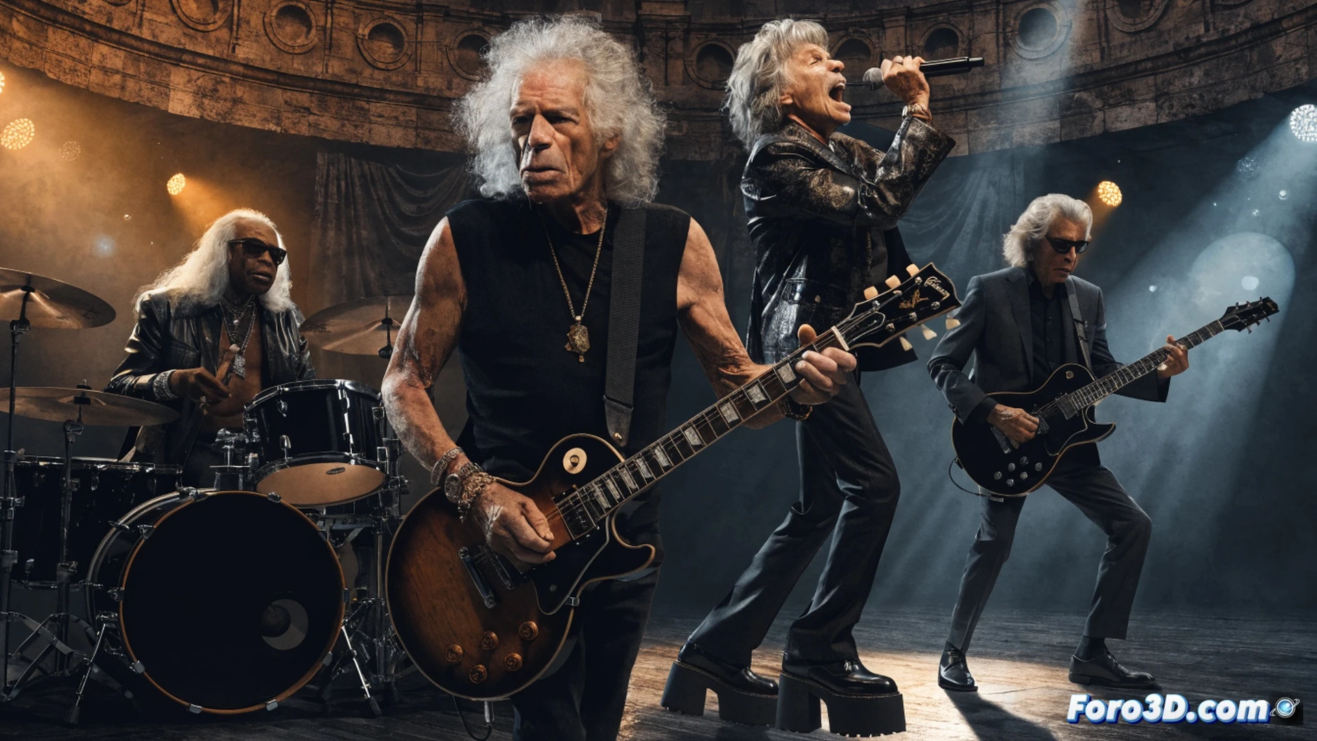 Aged rock band members performing in a vintage recording studio, leathery hands gripping electric guitar necks and drumsticks while mixing console faders rise and fall, analog tape reels spinning slowly, glowing vacuum tubes in amplifiers, dust particles floating in warm amber light, sweat on faces showing intense musical action, soulful blues-rock energy captured mid-performance, cinematic photorealistic technical illustration, retro studio gear with cables and microphones, dramatic low-angle shot, deep shadows and golden highlights, ultra-detailed textures of aged wood and worn instruments