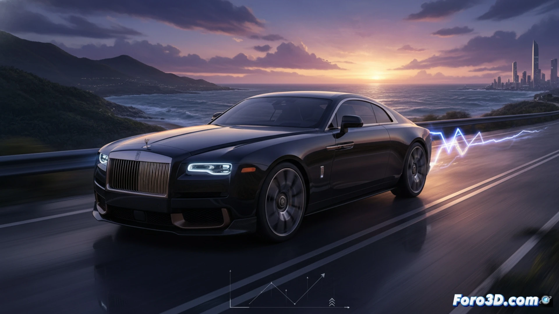 Rolls-Royce Spectre electric motor upgrade process, two powertrain variants being assembled side by side, standard 593 hp unit with silver cooling ducts and Black Badge 670 hp unit with carbon-fiber casing, glowing battery pack showing extended 600 km range capacity, diagnostic hologram displaying performance curves while robotic arms adjust wiring harnesses, cinematic engineering visualization, ultra-detailed metallic components, dramatic studio lighting with blue and amber accents, photorealistic technical render