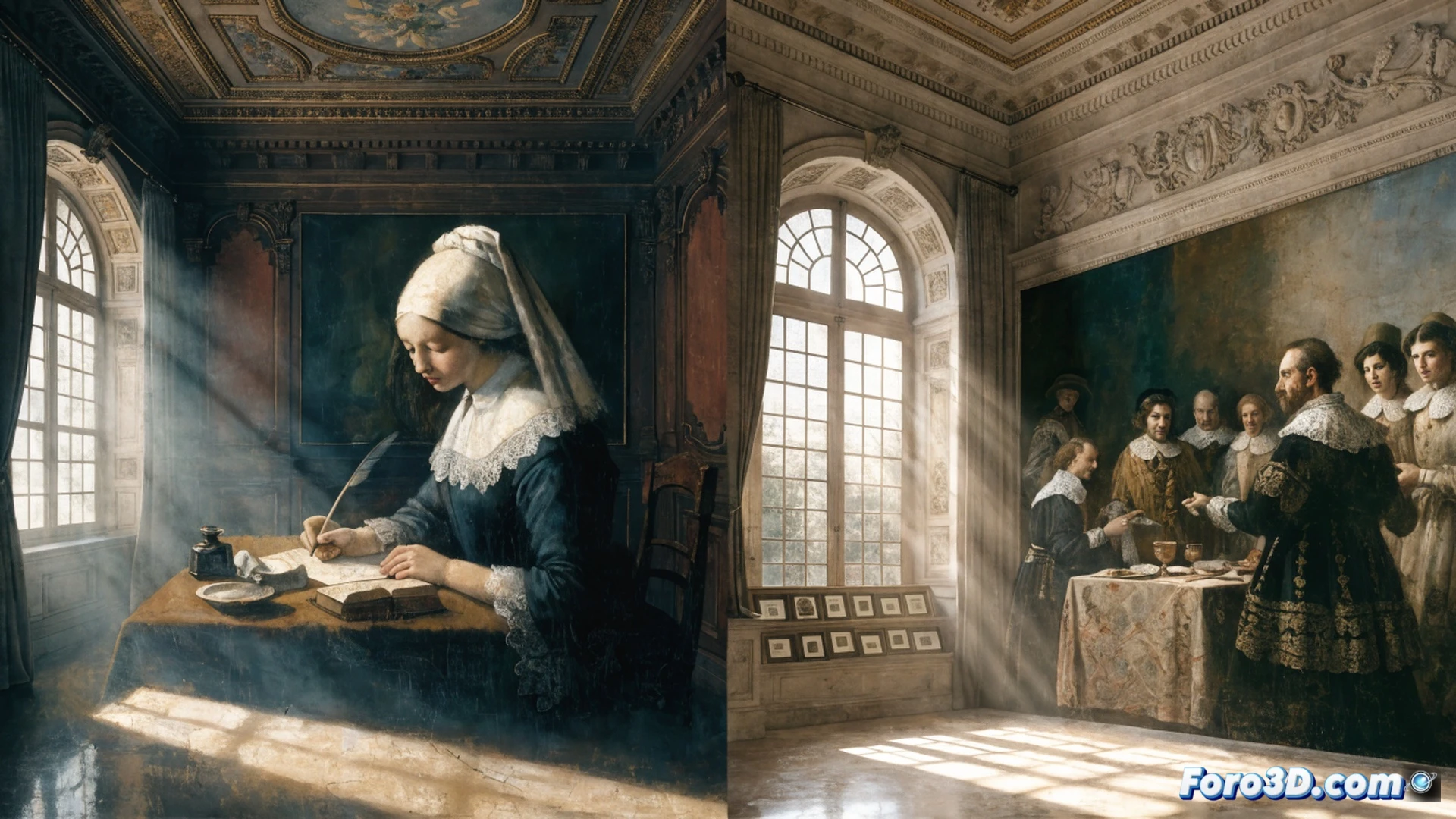 grandiose baroque palace hall with natural light streaming through tall windows, a young woman in casual modern clothing standing before a Vermeer painting on an easel, her hand reaching out as if touching the canvas, while a man in the background adjusts a security camera bracket on the wall, sunlight illuminating dust motes in the air, polished marble floor reflecting the scene, cinematic photorealistic style, soft golden hour lighting, deep shadows in corners, ultra-detailed oil paint texture on the canvas, brass exhibition labels on pedestals, security laser beams faintly visible crossing the room, dramatic chiaroscuro contrast, museum conservation atmosphere