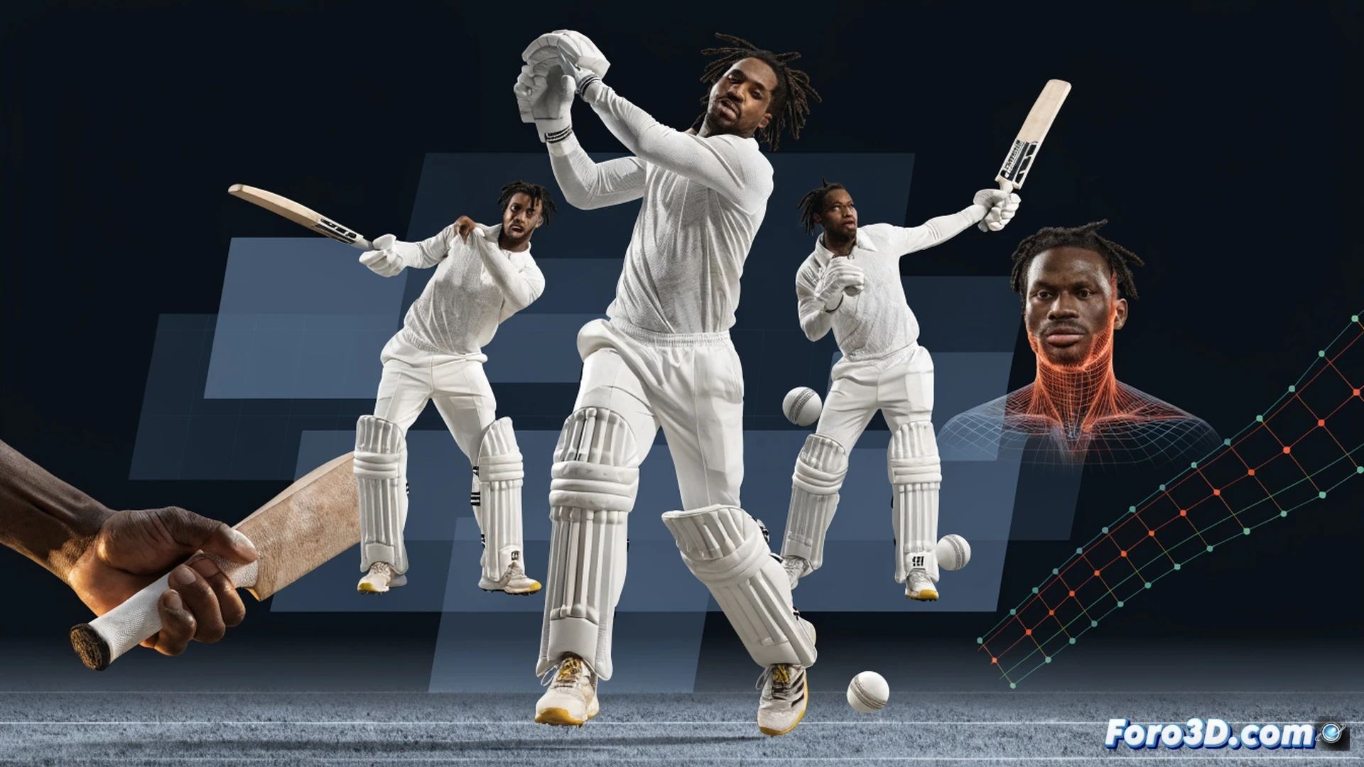 Barbadian cricketer mid-swing with a cricket bat, biomechanical 3D wireframe overlay showing muscle activation and joint angles, bat impact zone highlighted with glowing force vectors and vibration lines, motion capture markers on limbs, data graphs floating near the swing arc, dark studio background with dramatic spotlight, ultra-detailed sweat droplets and wood grain, photorealistic technical visualization, engineering analysis aesthetic, cinematic lighting