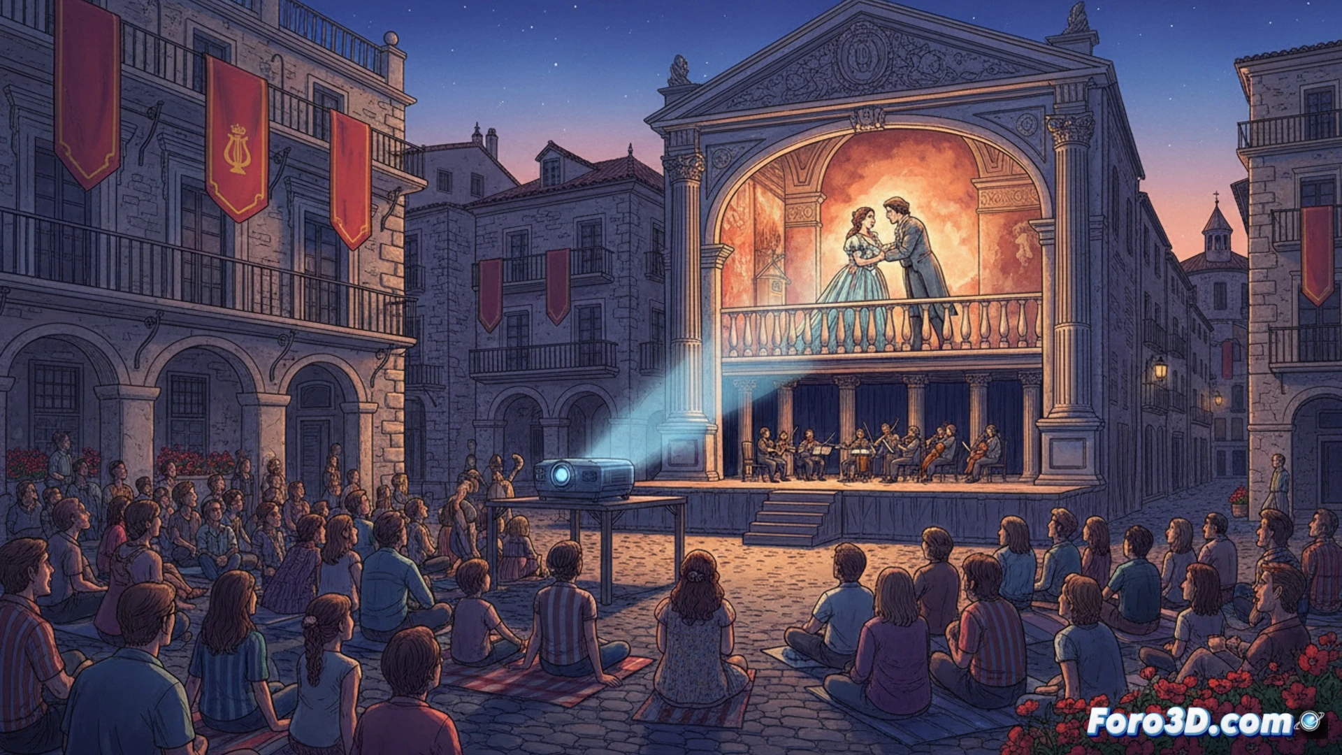 Gran plaza pública española iluminada por luces de escenario al atardecer, pantalla gigante LED mostrando cantantes de ópera en primer plano, público diverso sentado en sillas plegables y de pie mirando fascinado, altavoces profesionales sobre trípodes metálicos, cables de audio recorriendo el suelo de adoquines hacia una mesa de mezclas portátil con ingeniero de sonido ajustando controles, atardecer naranja y azul sobre edificios históricos, estilo cinematográfico fotorrealista, profundidad de campo con multitud desenfocada al fondo, iluminación cálida de farolas mezclada con fría de pantalla, alta definición técnica.