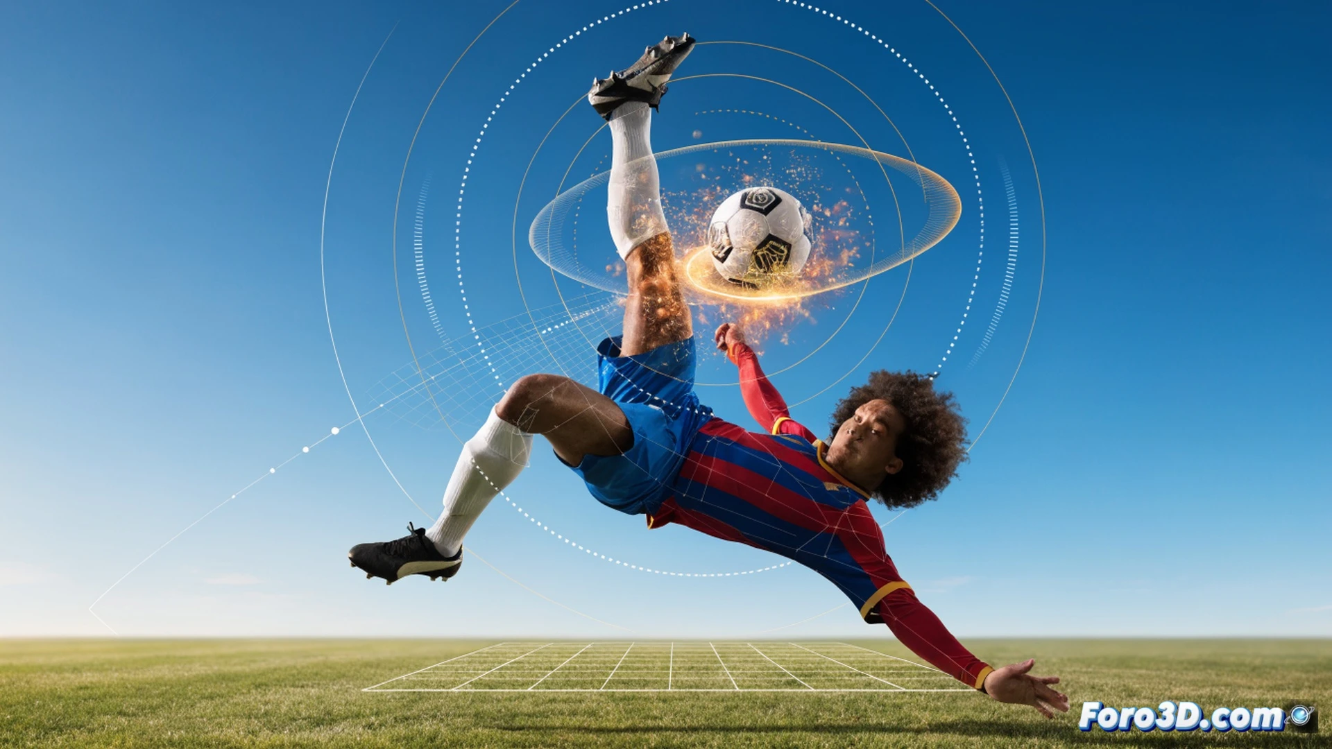 Ronaldinho en plena acción realizando el elástico, pierna derecha extendida desafiando la biomecánica, centro de gravedad bajo y desplazado, articulaciones del tobillo y cadera en máxima elasticidad, balón deformándose ligeramente por el roce del empeine, líneas de fuerza biomecánicas brillantes recorriendo sus músculos, fondo oscuro con cuadrícula 3D de análisis de movimiento, partículas de césped levantándose, estilo engineering visualization fotorealista con iluminación dramática de estudio, modelo humano semi-transparente mostrando estructura ósea y muscular durante el movimiento, cámara en ángulo bajo capturando la torsión del tronco