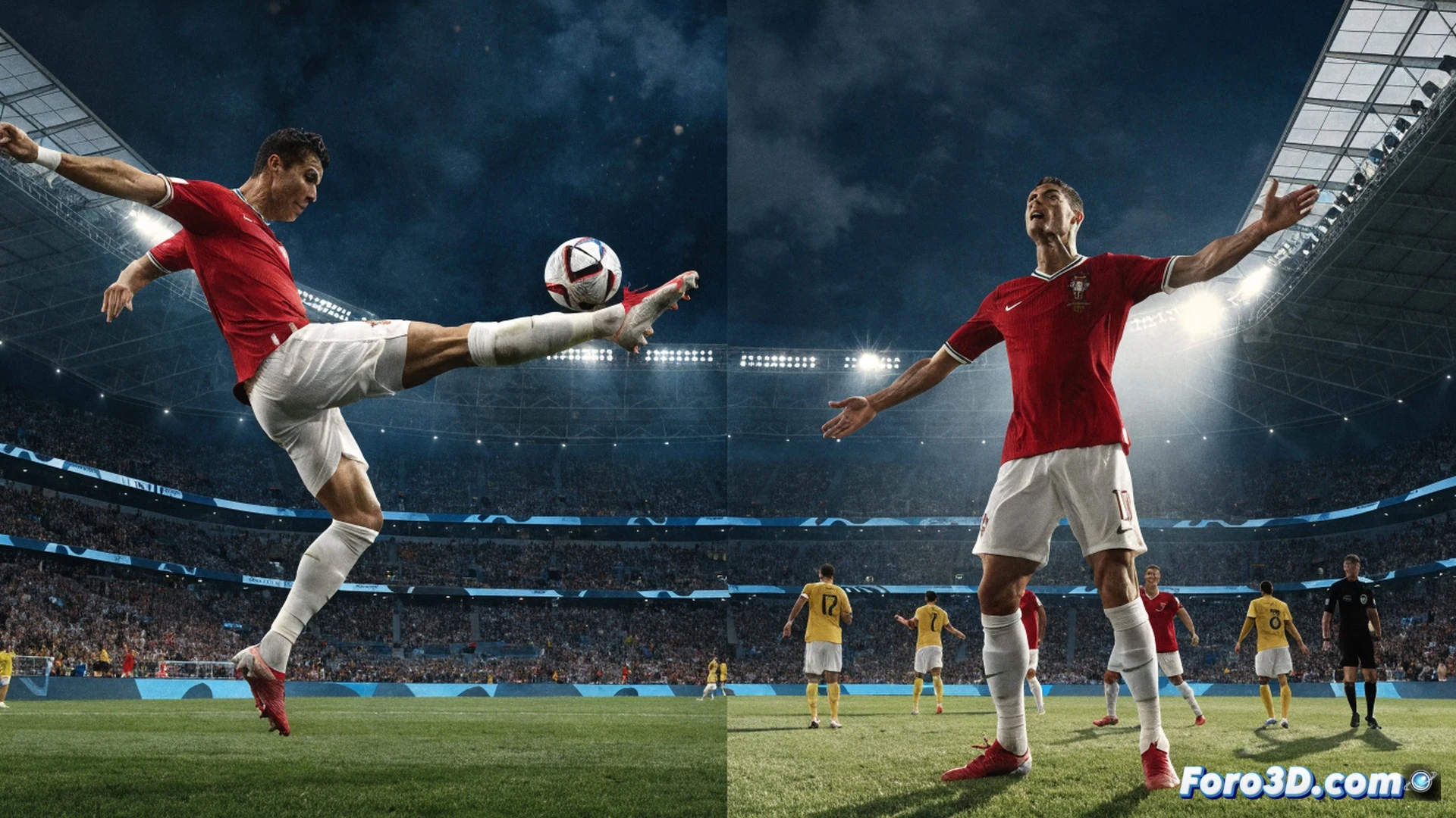 Cristiano Ronaldo en acción durante un partido del Mundial 2026, disparando al arco con la pierna derecha, balón en trayectoria curva hacia la red, estadio lleno con banderas rojas y verdes, marcador electrónico mostrando Portugal 1-0 Uzbekistán, cámara lenta capturando el impacto del pie contra el balón, césped con gotas de sudor y césped levantado, focos de estadio iluminando la escena, estilo cinematográfico épico, fotorealismo deportivo, textura detallada del uniforme y botines, movimiento congelado en el momento del gol, multitud en éxtasis en segundo plano, alta definición técnica.