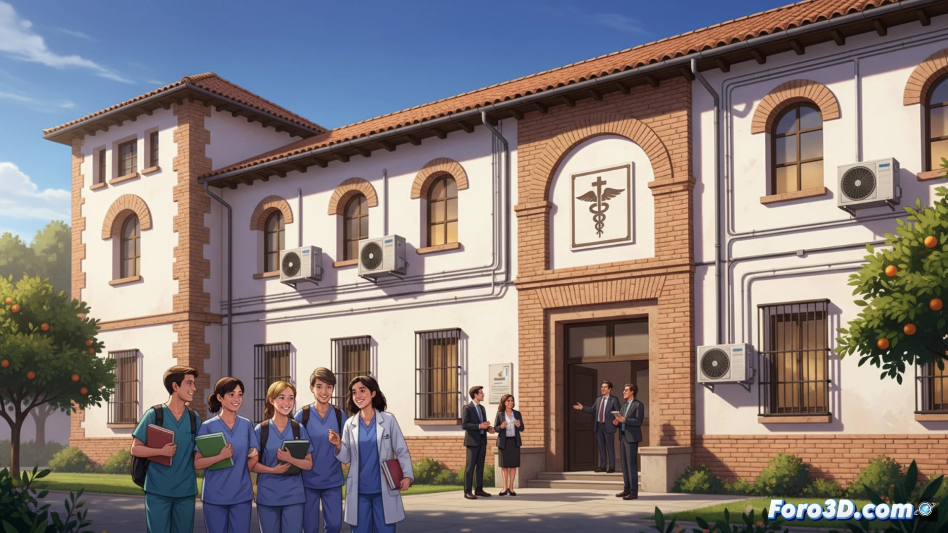 modern air conditioning units being installed on the roof of a university nursing school building, two technicians in blue uniforms connecting copper refrigerant pipes to a central HVAC system, one worker using a digital manifold gauge while the other adjusts a wall-mounted thermostat inside a bright classroom, students in white lab coats observing through a glass door, sunlight casting sharp shadows on polished concrete floor, technical engineering visualization, photorealistic architectural render, clean metallic ducts and ventilation grilles, cool blue and warm orange lighting contrast, ultra-detailed mechanical components, cinematic wide-angle shot