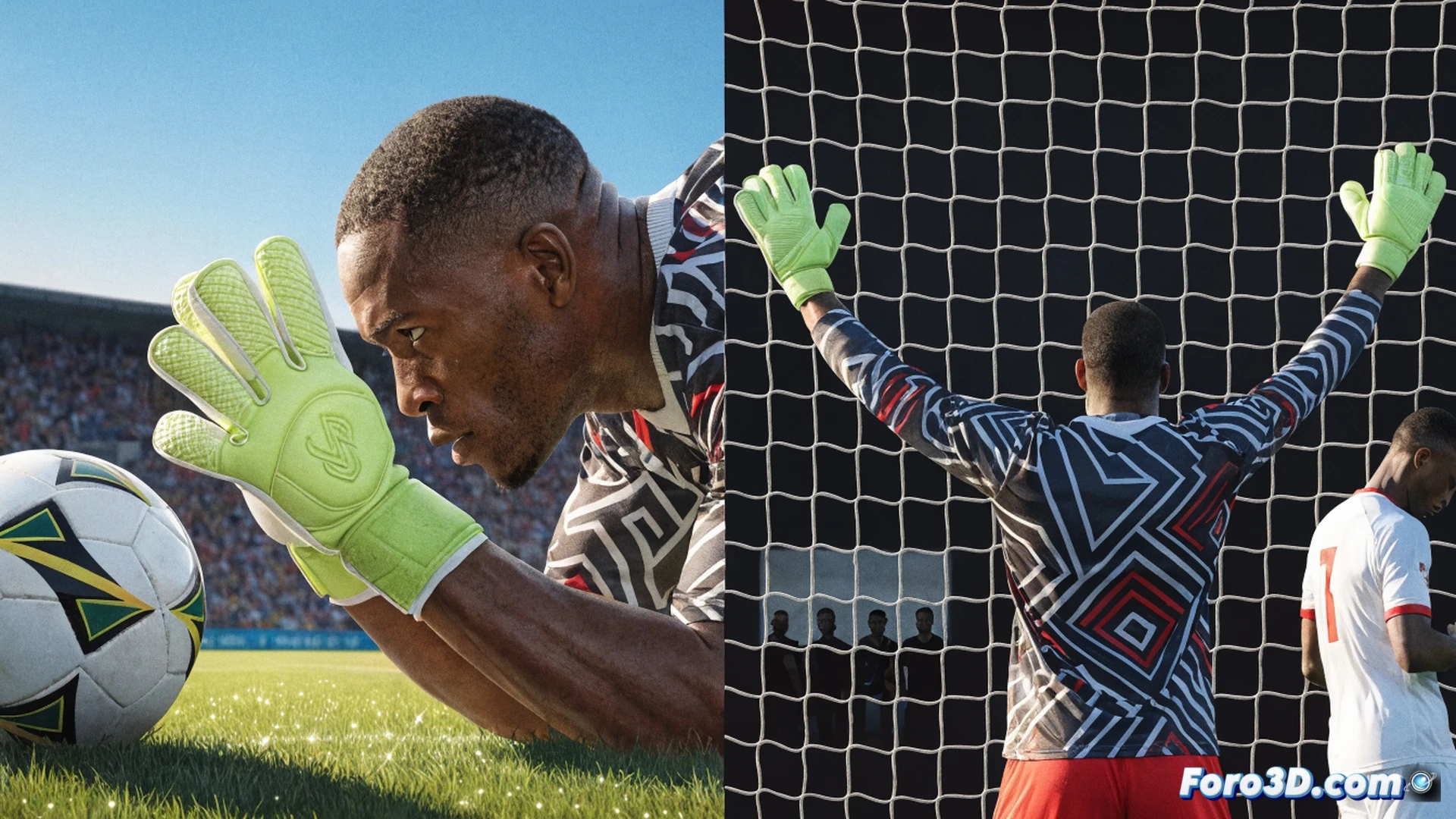 Sudafrican goalkeeper diving full stretch to save a penalty kick, ball spinning mid-air near fingertips, stadium crowd blurred in background, grass blades flying from forceful dive, intense focus on goalkeeper eyes and gloves, cinematic sports photography style, dramatic low-angle shot, floodlight beams cutting through evening atmosphere, sweat droplets visible on face, dynamic motion blur on kicking leg, ultra-detailed facial expression of concentration, photorealistic action capture