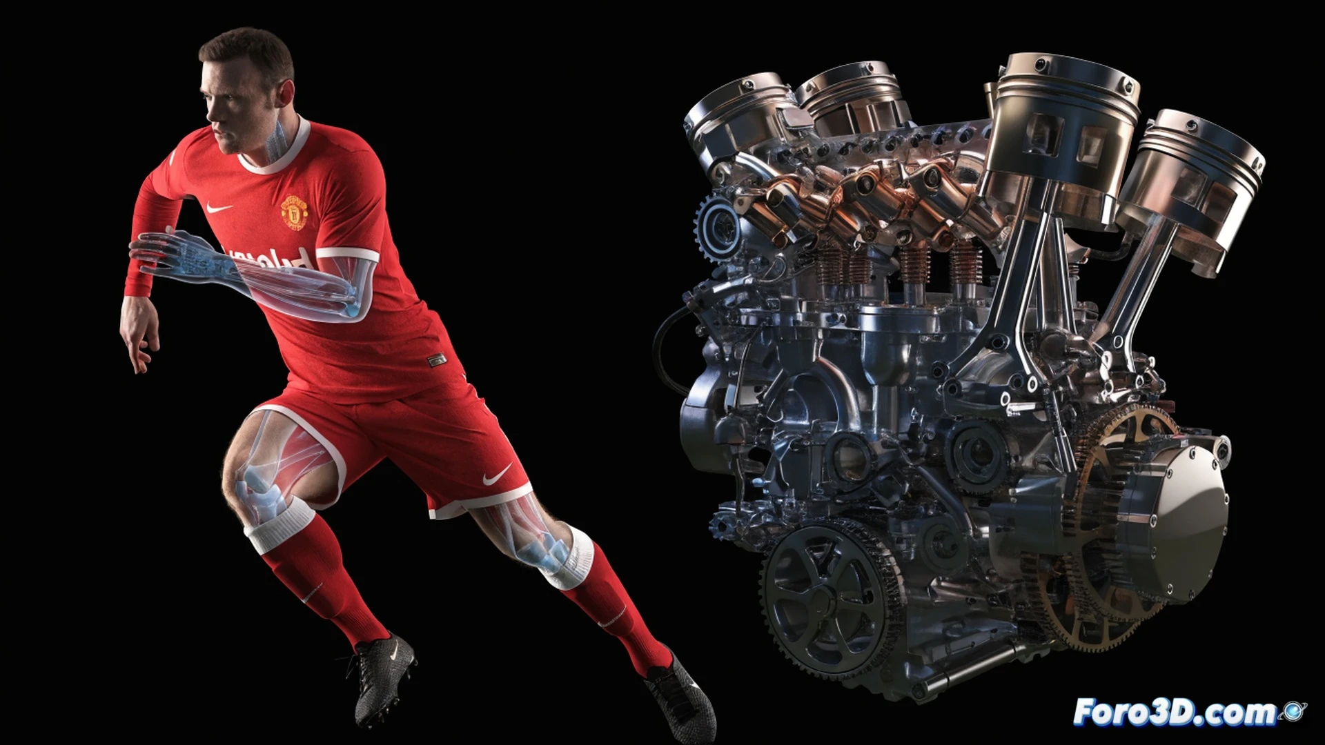 biomechanical 3D scan of Wayne Rooney in mid-explosive sprint, low center of gravity, leg muscles contracting with visible tendon strain, accelerometer data lines tracing motion paths, football boot striking turf with deformation, technical cutaway showing quadriceps and hamstring layers, engineering visualization with skeletal overlay, force vectors glowing in red and orange, dynamic motion blur, photorealistic sports science render, dramatic stadium lighting