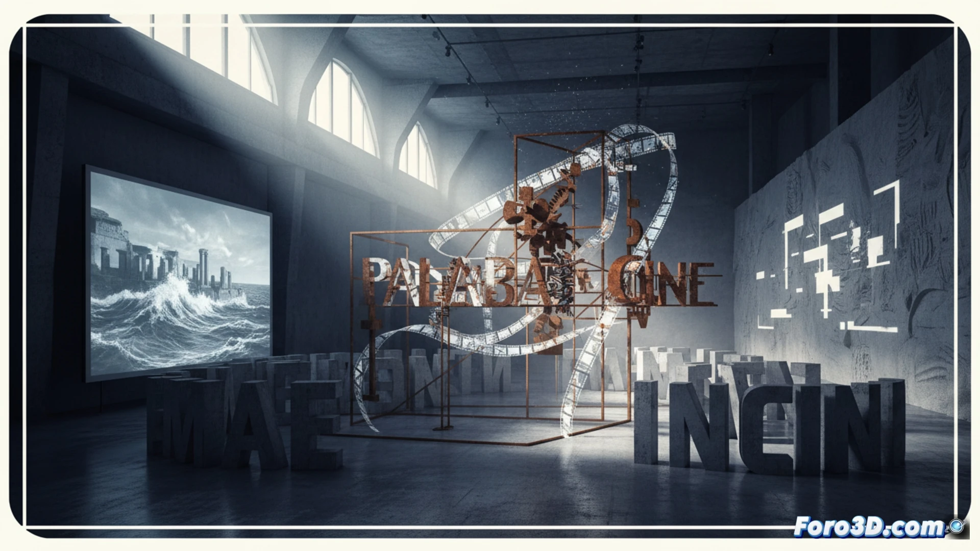 Cinematic scene inside a minimalist white gallery space, a 16mm film projector casting a beam of light onto a suspended translucent film sculpture, the celluloid strip twisting in mid-air while text fragments appear as projected shadows on the wall, a sculptural metal armature holding reels of unspooled film, soft dust particles floating in the projector beam, photorealistic technical illustration, dramatic chiaroscuro lighting, clean architectural lines, abstract text forms dissolving into light, museum atmosphere, precise mechanical detail of projector gears and lens, silver nitrate tones, deep shadows contrasting with bright projection