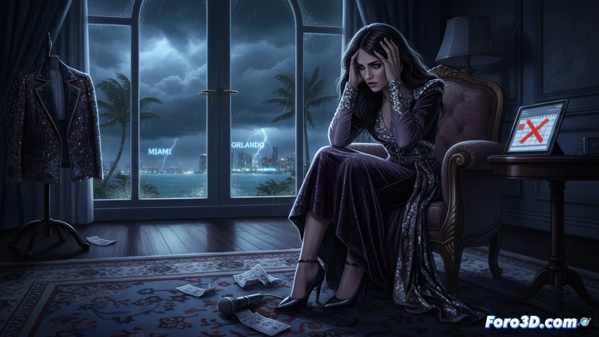 Rosalía con rostro serio, micrófono en mano, fondo apagado y luces de escenario vacío, reflejando incertidumbre por la emergencia familiar.