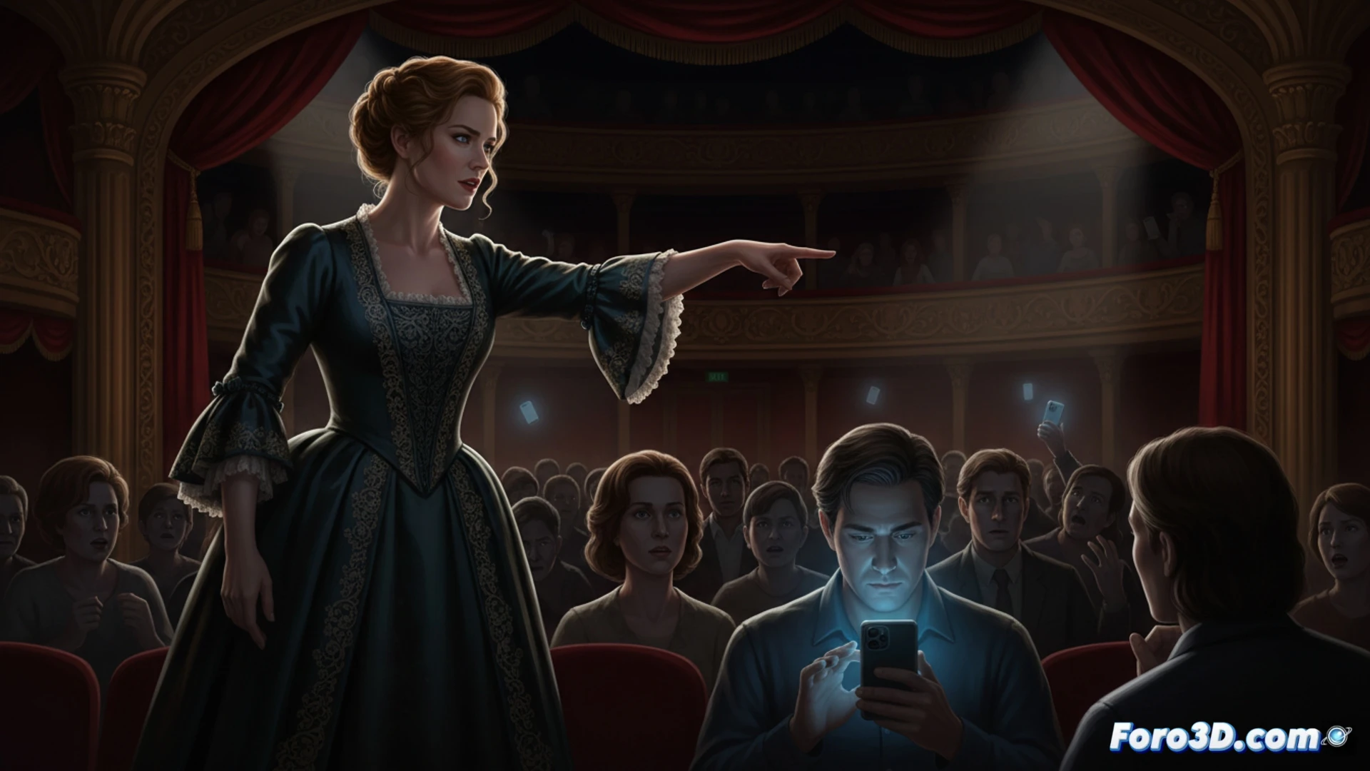 Victorian theatre stage close-up, Rosamund Pike in period costume pausing mid-speech, her gaze fixed on a single glowing smartphone in the dark audience, stage lights casting sharp shadows, actor’s hand raised in a stop gesture, other audience members turning heads in disapproval, velvet seats and ornate balcony visible, cinematic photorealistic render, dramatic chiaroscuro lighting, tension in the actor’s posture, silenced phone screen as focal point, deep focus on performer’s expression, high-end theatrical photography aesthetic.