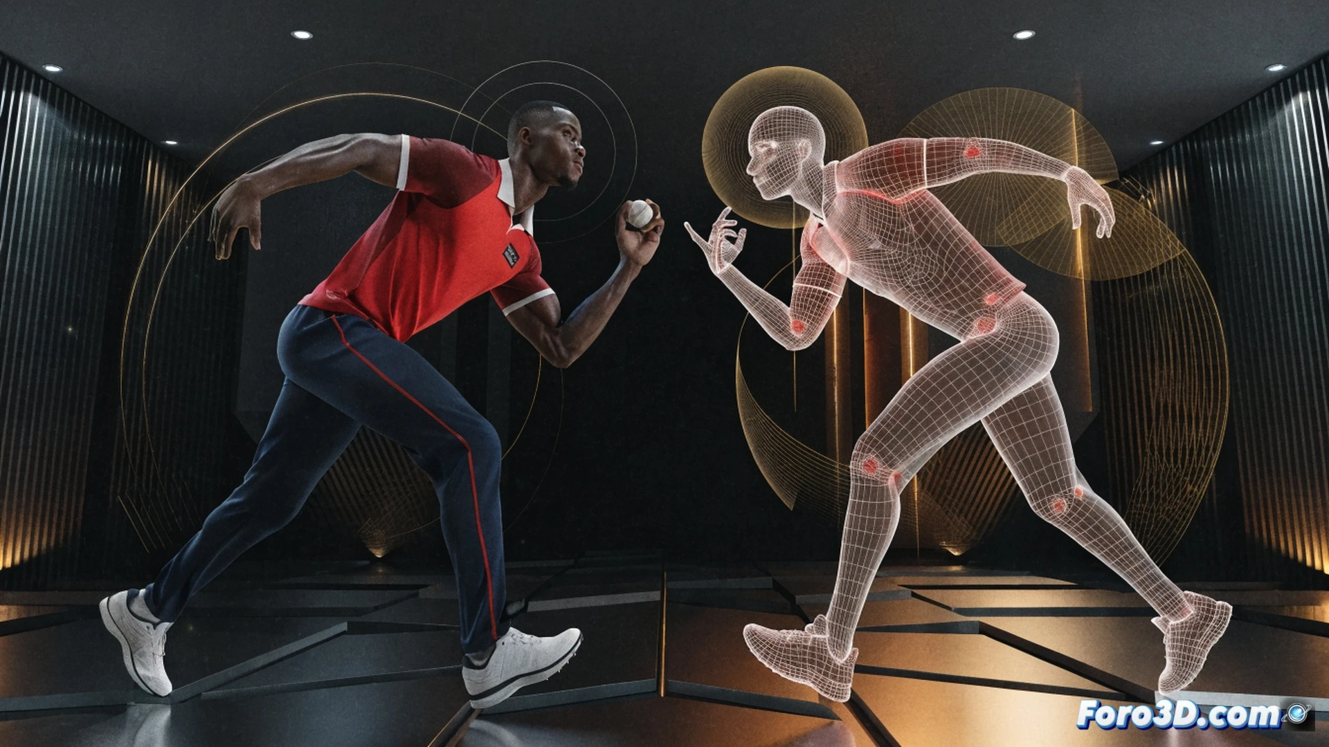 Roston Chase executing a forward defensive cricket shot, showing his front foot stride and wrist rotation during off-spin delivery, biomechanical analysis with 3D motion capture markers on his torso and arms, skeletal overlay demonstrating hip-shoulder separation and torque generation, glowing trajectory lines from his hand to pitch, cricket bat angled precisely, stumps and pitch visible, technical engineering visualization, dark studio background with spotlight on player, photorealistic render with anatomical precision, dynamic action frozen mid-motion, dramatic contrast highlighting muscle tension and joint angles