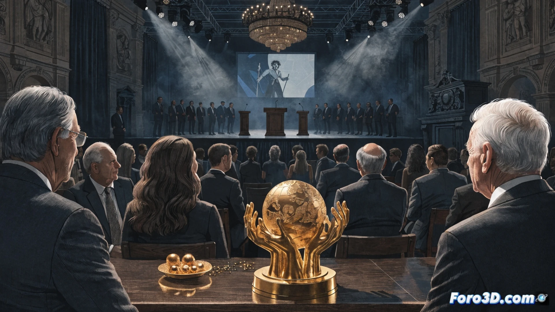 Rotary Club members in formal suits standing on a stage in Almagro, handing a polished silver Don Quixote statuette to a smiling educator, while a projector screen behind them displays a graph showing community health improvement metrics, audience clapping in foreground, golden hour sunlight streaming through arched windows, cinematic photorealistic style, warm amber lighting, wooden stage floor reflecting soft glow, engraved plaque on podium visible, ultra-detailed textures on suits and statuette, dramatic depth of field, inspiring ceremony atmosphere