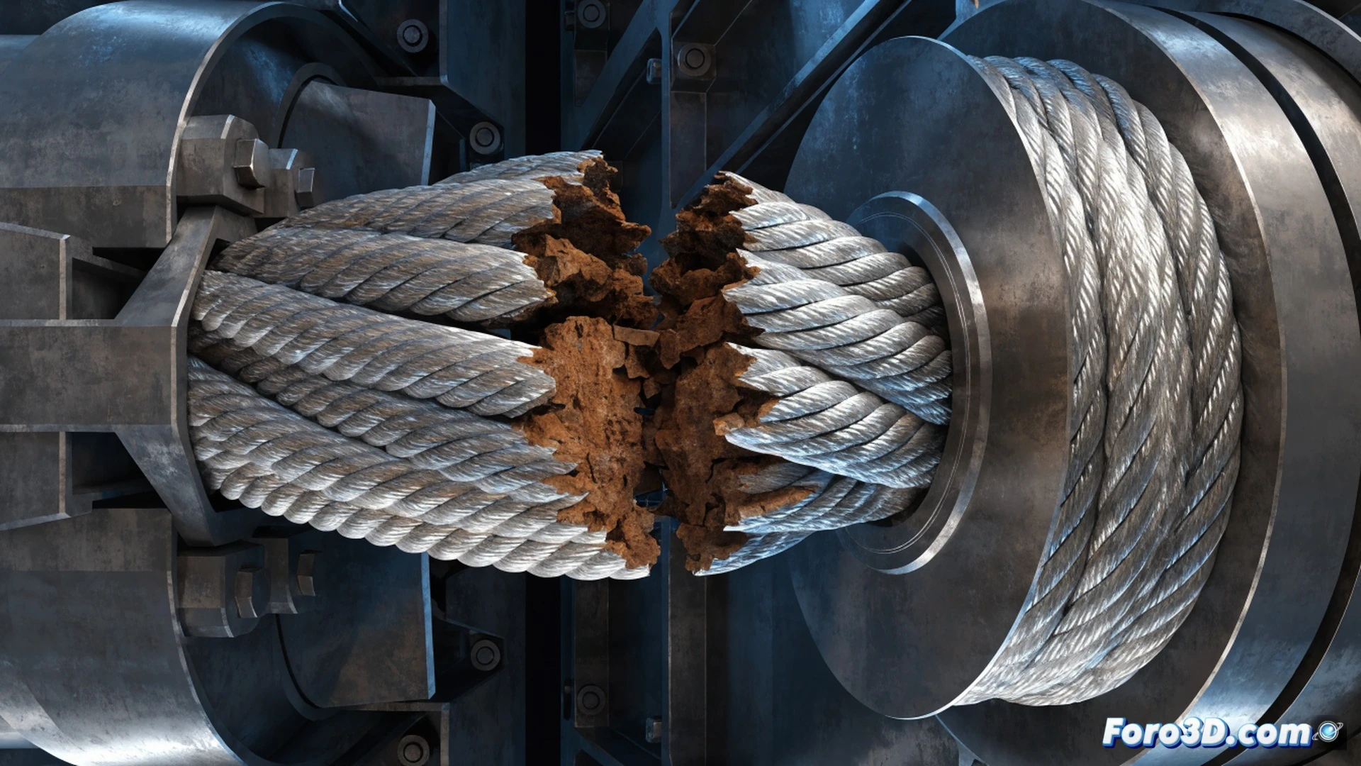 steel cable cross-section in a ship elevator counterweight system, internal corrosion spreading between wire strands, micro-cracks propagating beneath intact outer surface, 3D laser scanning point cloud from Leica Cyclone hovering around the broken cable, dynamic load simulation overlay from Simpack showing stress concentration at corroded zone, technical engineering visualization, photorealistic metallic surfaces, rust-colored oxide layers, dramatic inspection lighting, ultra-detailed wire rope texture, cinematic industrial render