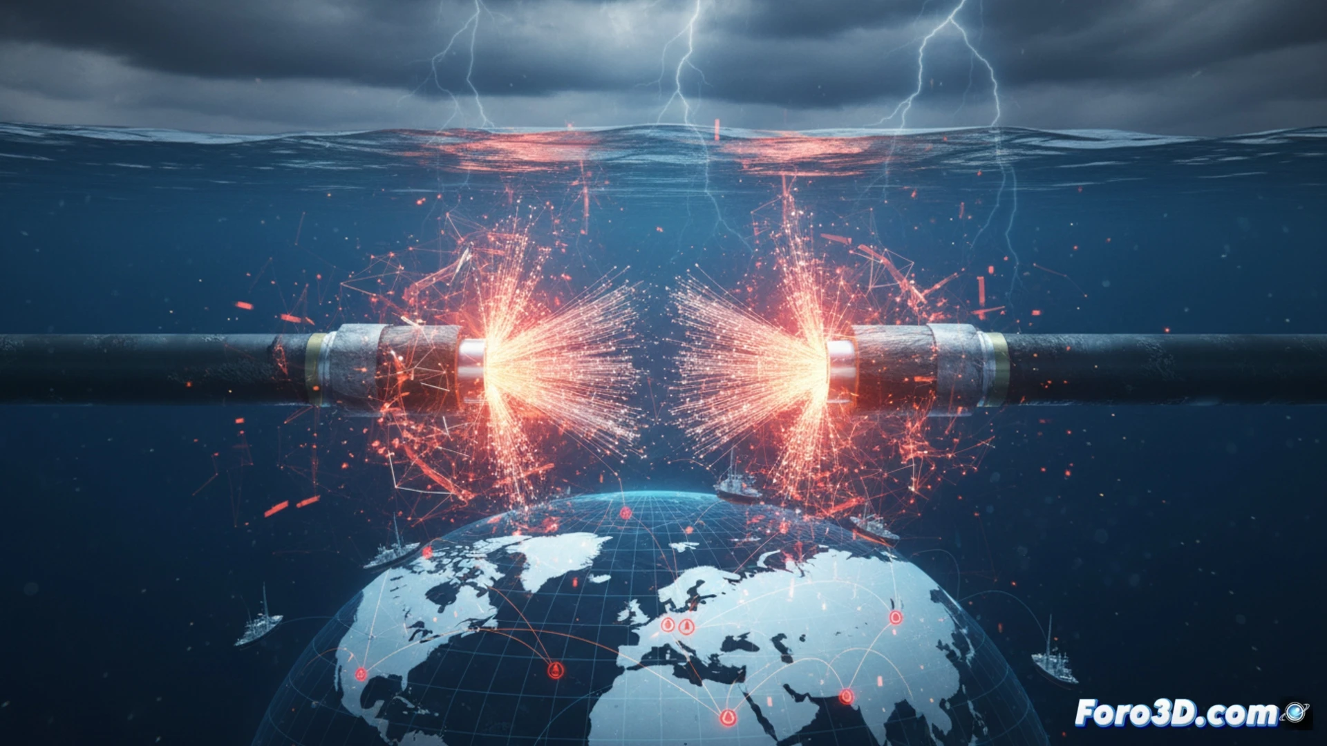 Simulación 3D de rotura de cable submarino de fibra óptica en el lecho marino con fractura y pérdida de señal