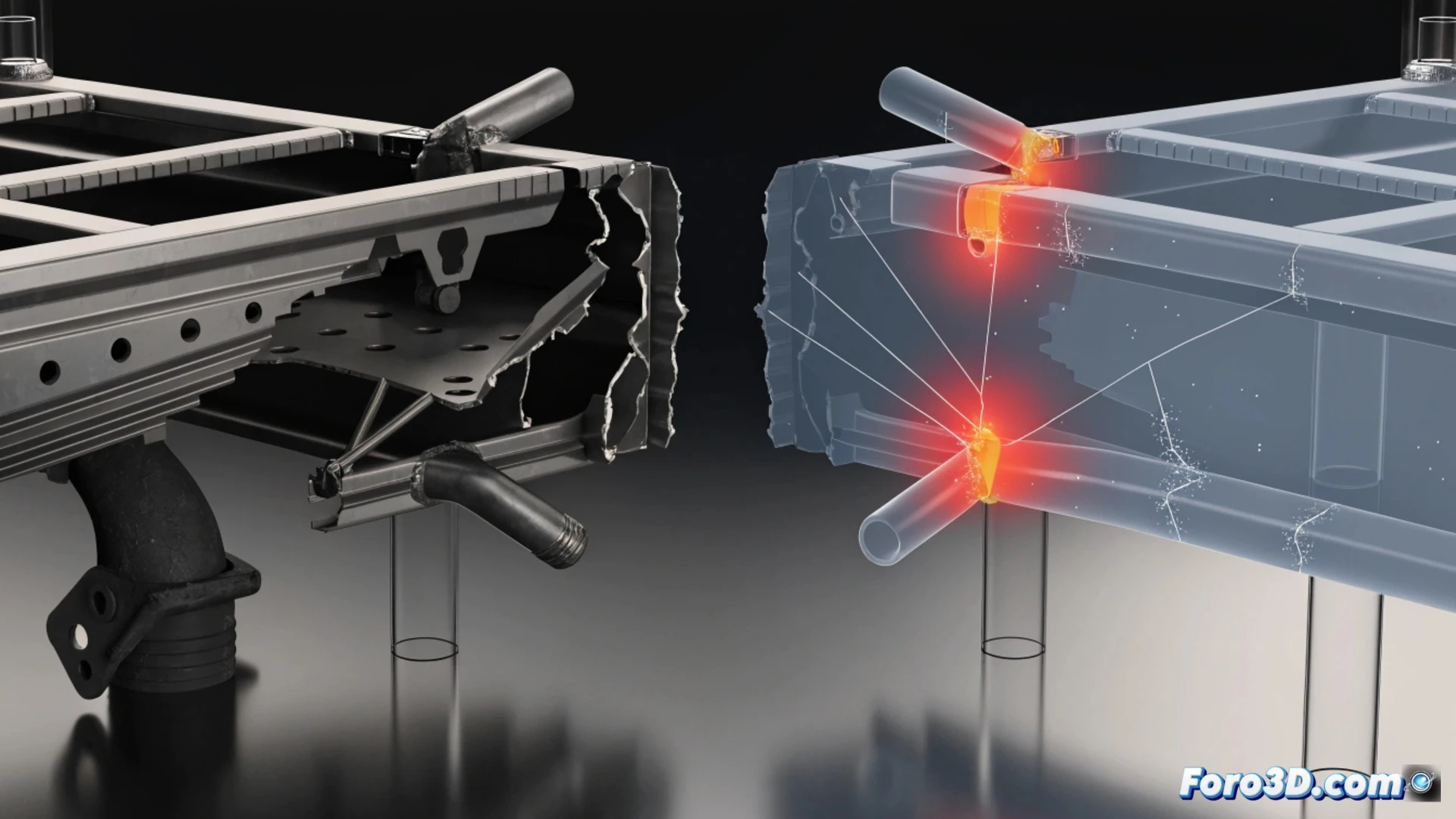 Simulación 3D de fatiga en chasis de reparto mostrando puntos críticos de tensión y fractura