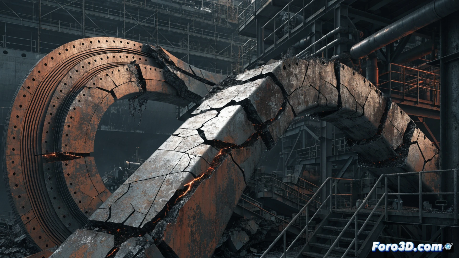 industrial accident scene in a shipyard, a massive crane boom broken and tilted sideways, the main pulley axle fractured into two pieces with visible rough crystalline fracture surface, glowing red-hot microcrack lines spreading through the steel cross-section, photogrammetry camera setup on tripods around the broken axle capturing 3D scan data, laptop screen showing Metashape point cloud model alongside LS-DYNA finite element simulation of stress concentration at fracture zone, thermal gradient color map overlay on the axle indicating heat treatment defect zone, scattered metal debris on dock floor, heavy chains and lifting cables snapped, cinematic engineering visualization, hyperrealistic metallic textures, dramatic workshop lighting with shadows, precise technical illustration style
