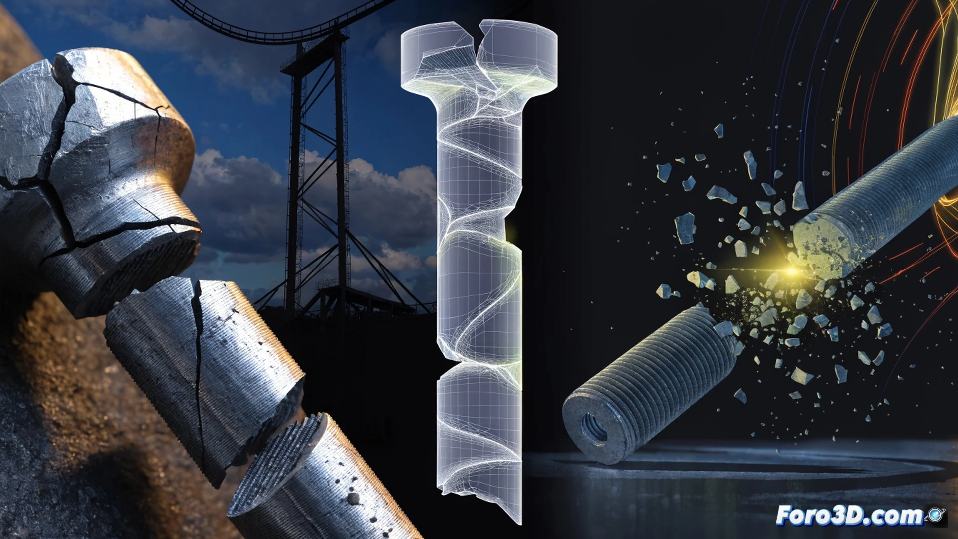 forensic engineering scene showing fractured steel anchor bolt from base jumping platform, broken cross-section with granular fatigue striations visible, Agisoft Metashape photogrammetry screen showing 3D point cloud of bolt fragments in background, LS-DYNA simulation overlay displaying dynamic shear stress wave propagation through bolt material during fracture moment, metallic debris particles scattering mid-air, digital caliper measuring crack depth, workstation with dual monitors displaying finite element analysis results, cinematic technical illustration style, dramatic dark studio lighting with rim lights on metal surfaces, ultra-detailed fracture surface texture, photorealistic engineering visualization