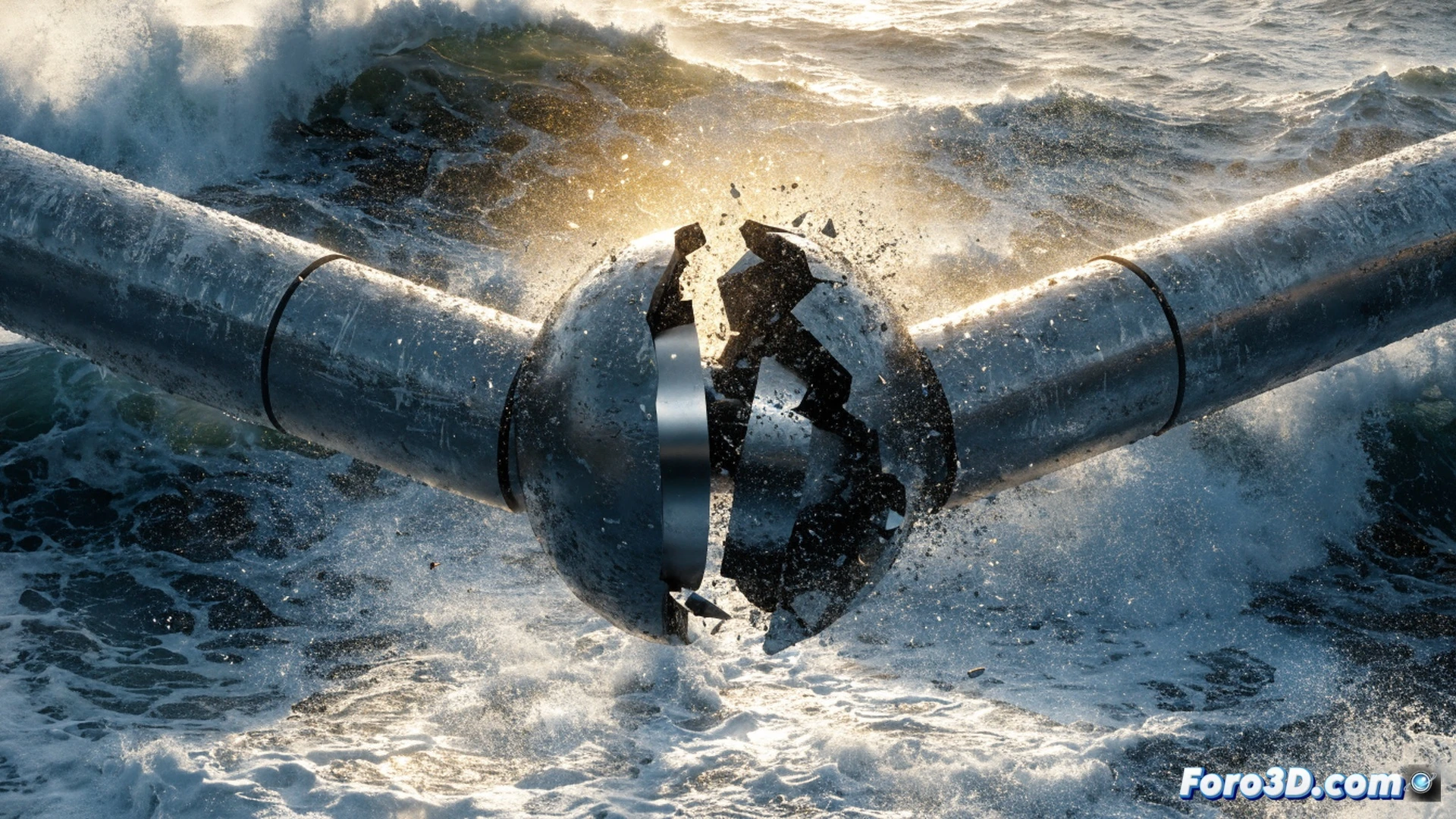 extreme wave impact on offshore oil terminal, hydraulic loading arm with broken spherical bearing at the rotary joint, twisted metal fracture surface visible, ship deck rising and falling violently during storm, stress fracture lines spreading through the gimbal mount, saltwater spray hitting the damaged articulation, cinematic engineering visualization, stormy dark sky, lightning illuminating the cracked steel, photorealistic industrial render, dramatic motion blur on wave crests, ultra-detailed mechanical failure