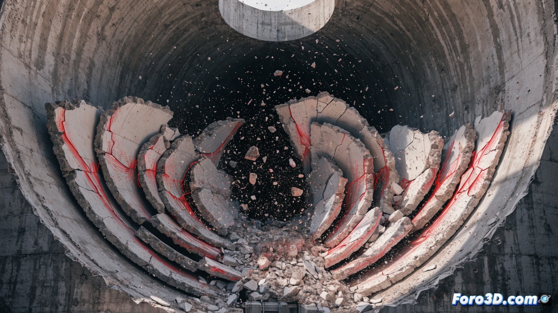 industrial silo collapse scene, conical discharge section fractured diagonally, gypsum powder erupting outward in a dense pressurized plume, flow channeling visible as concentrated streams, digital photogrammetry drone hovering nearby capturing 3D point cloud data, laptop screen showing Pix4Dmapper interface with mesh reconstruction, Abaqus finite element simulation overlay displaying stress contour map on silo wall, red-to-blue gradient highlighting peak dynamic overpressure zones, engineering visualization style, photorealistic materials, concrete surface with crack propagation lines, dramatic ambient lighting, dust particles suspended in air, technical forensic illustration