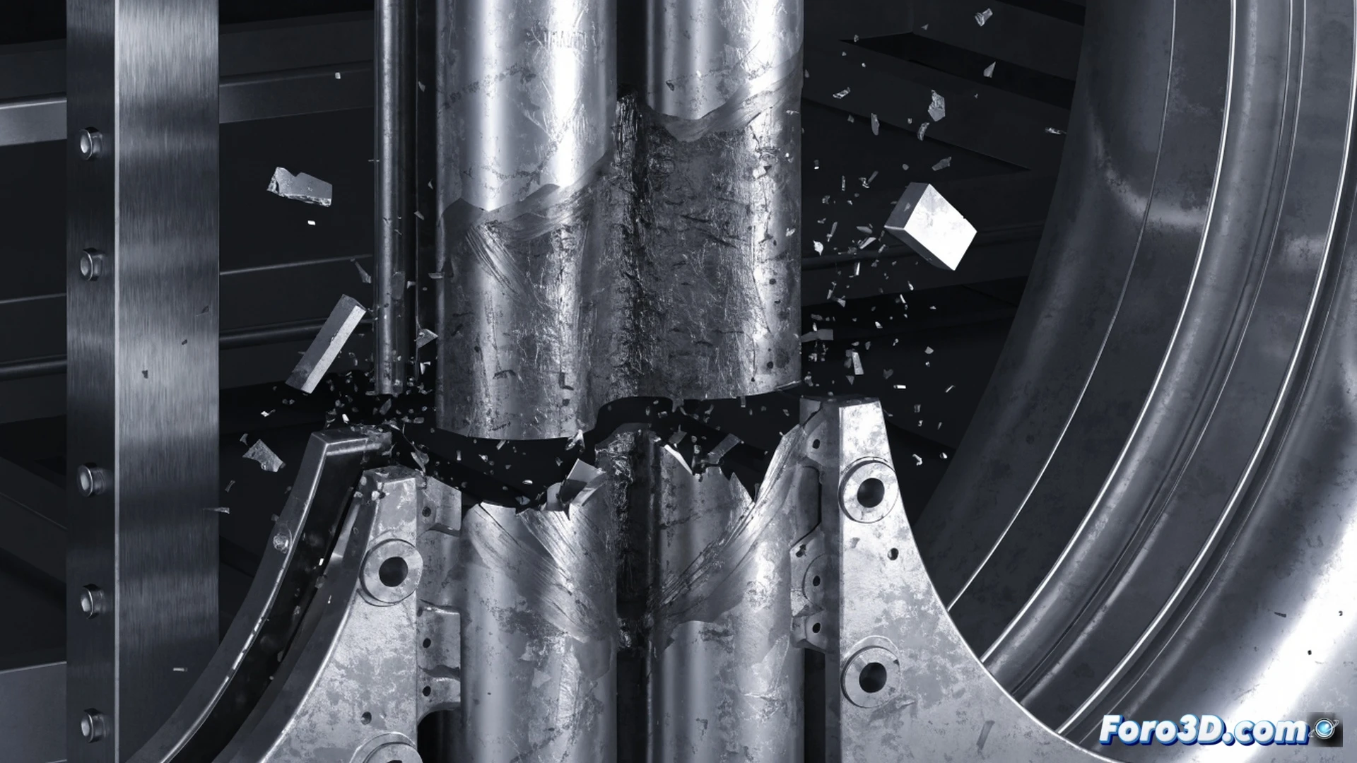 Vertical boat elevator shaft cross-section, steel guide rail with asymmetric wear pattern on left side, fractured brake shoe debris scattered on concrete floor, maintenance engineer inspecting cracked retainer pad with boroscope, laptop showing dynamic load analysis graph on screen, hydraulic piston mechanism partially visible, warning tape around accident zone, cinematic engineering visualization, dramatic side lighting casting long shadows, metallic surfaces with rust and grease stains, photorealistic technical illustration, ultra-detailed mechanical failure textures, industrial safety atmosphere