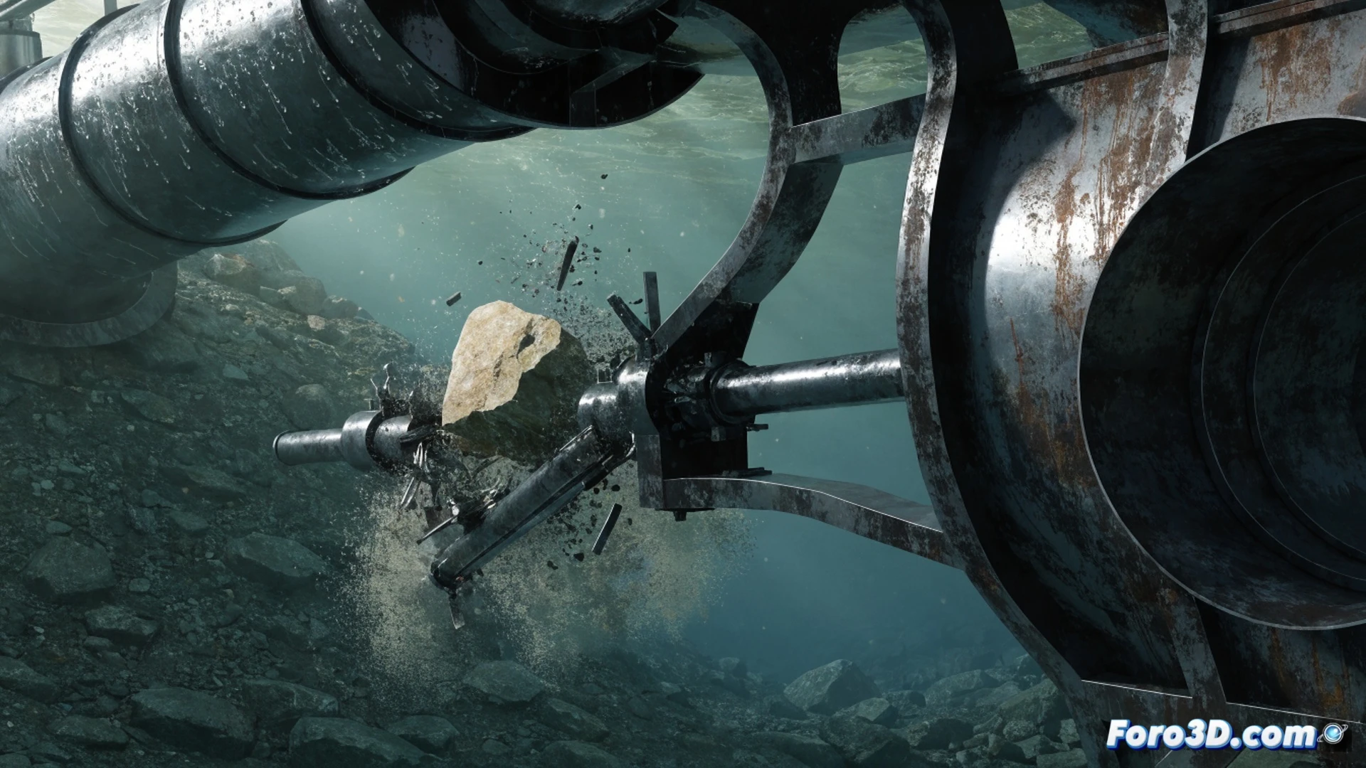 Submerged rock collision with dredger pump impeller shaft, shaft snapping under impact force, fractured metal surface showing fatigue lines, water flow visualization with dynamic pressure contours around broken blade, PolyWorks 3D scan point cloud hovering over damaged geometry, ANSYS Fluent simulation overlay showing turbulent wake and stress hotspots, industrial underwater scene with sediment particles, cinematic engineering visualization, photorealistic metallic textures, dramatic side lighting from underwater lamps, ultra-detailed mechanical failure analysis render
