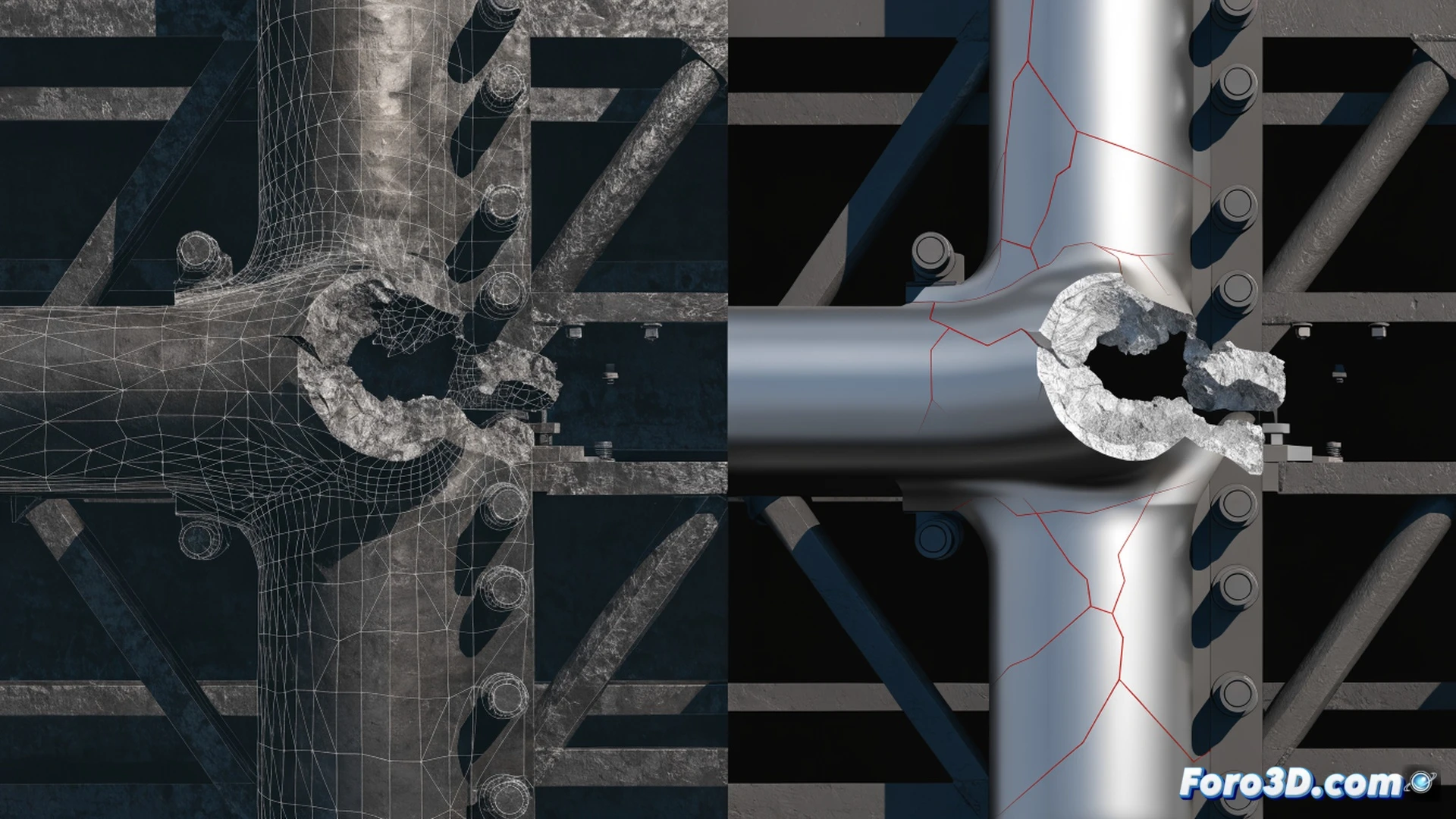 photorealistic technical illustration of a catastrophic fatigue failure in a gantry crane steering pivot pin, cracked metallic pin with visible beach marks and fatigue striations, crane tire assembly tilted at an unstable angle, 3D photogrammetry point cloud overlay floating above the damaged component, LS-DYNA finite element simulation mesh glowing in orange and red around the fracture zone, cinematic industrial lighting with dust particles, metallic reflections, detailed mechanical joints and hydraulic lines, engineering visualization showing the transition from real-world damage to digital simulation