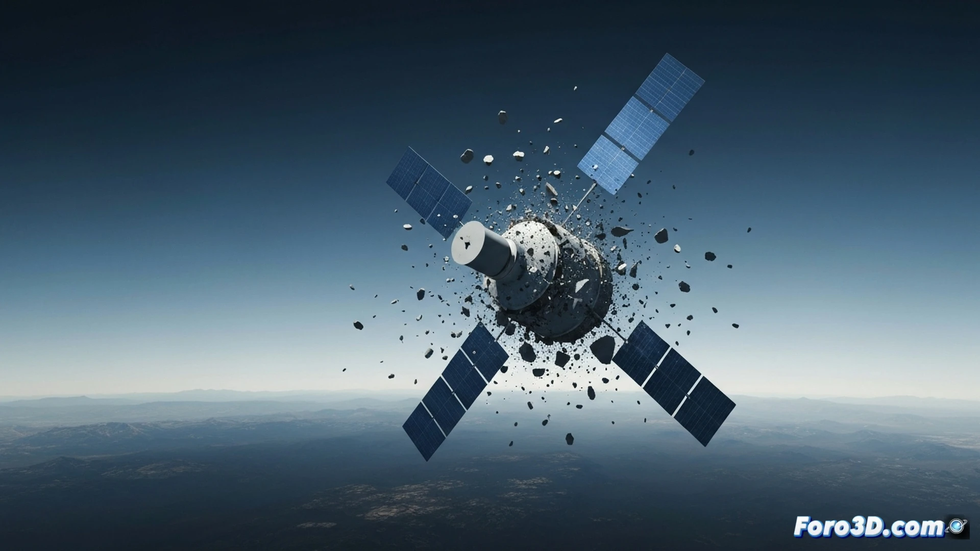 Satellite fragmentation event in low Earth orbit, debris cloud expanding rapidly from a central explosion point, shattered solar panels and antenna fragments tumbling outward, collision impact with a defunct satellite hull, glowing metallic shards scattering in zero gravity, Earth’s curved horizon visible in background, sunlit orbital plane with sharp shadows, multiple debris trajectories intersecting near a functional ISS module, high-contrast cinematic space photography style, photorealistic engineering visualization, intense cosmic lighting, hyper-detailed mechanical wreckage, motion blur on fast-moving fragments, realistic orbital debris simulation