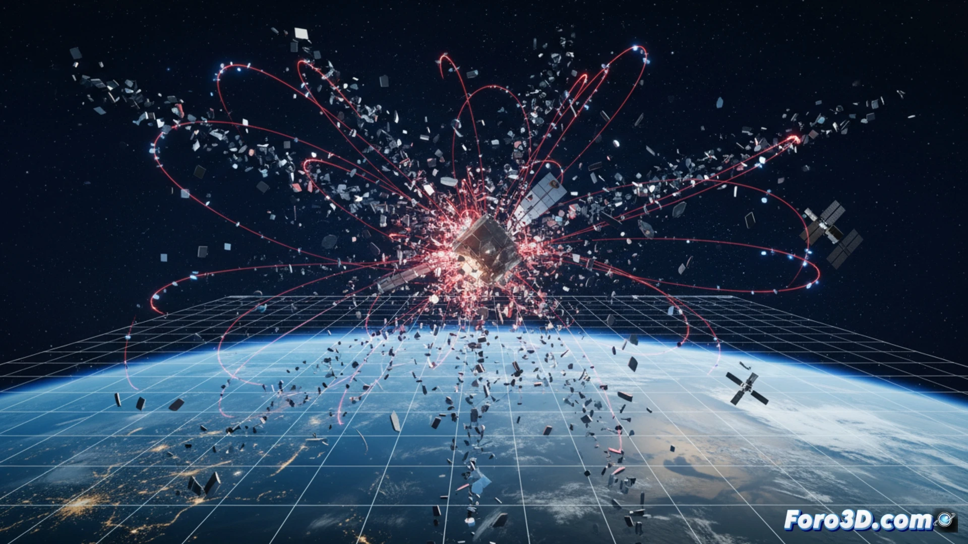 Simulación 3D de escombros orbitales tras rotura de satélite en órbita baja terrestre