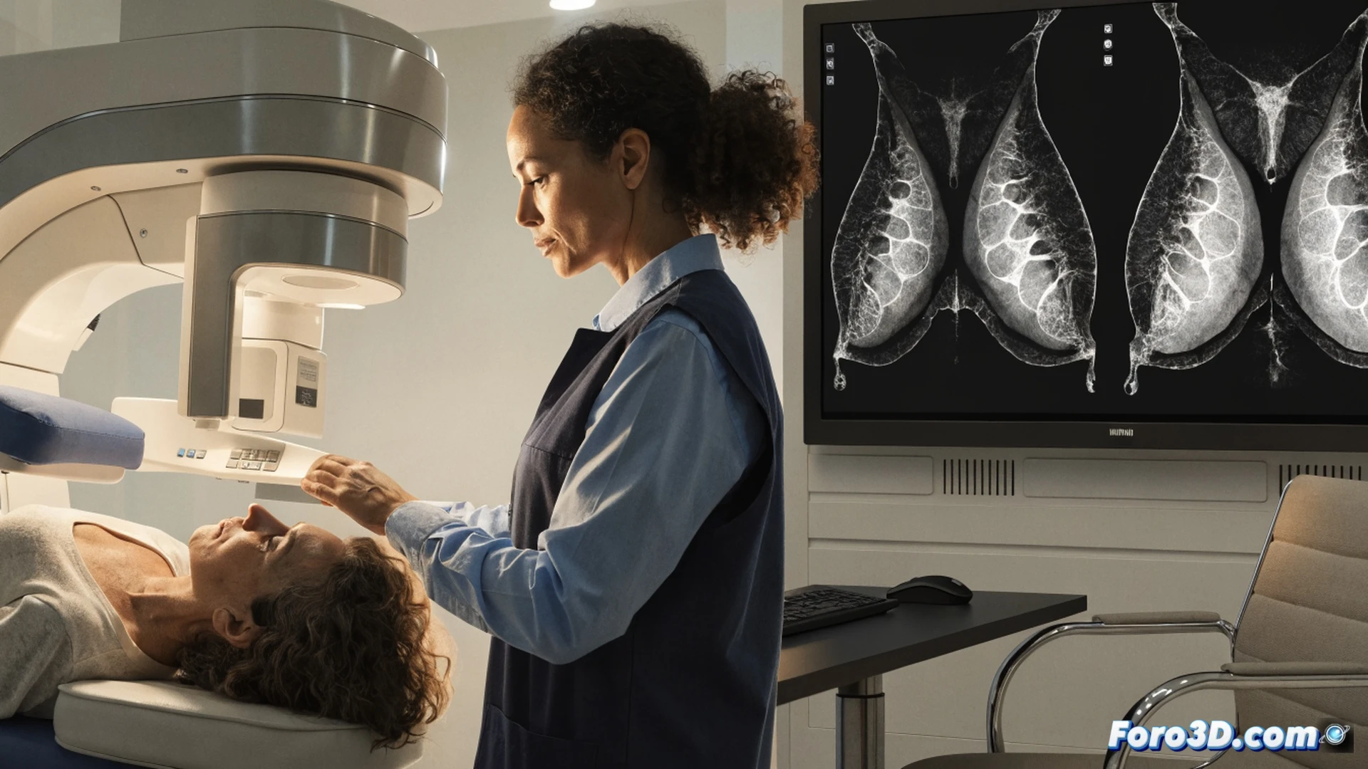 Mujer de 55 años sentada junto a un mamógrafo digital, técnico sanitario ajustando el compresor de la placa mientras la pantalla muestra una imagen de tejido mamario en escala de grises, proceso de cribado en una clínica luminosa, luz blanca fría de quirófano, cables y sensores visibles, bata hospitalaria azul claro, fondo con cartel de señalización de unidad móvil, estilo cinematográfico fotorrealista, texturas metálicas y plásticas detalladas, profundidad de campo suave, atmósfera clínica profesional.