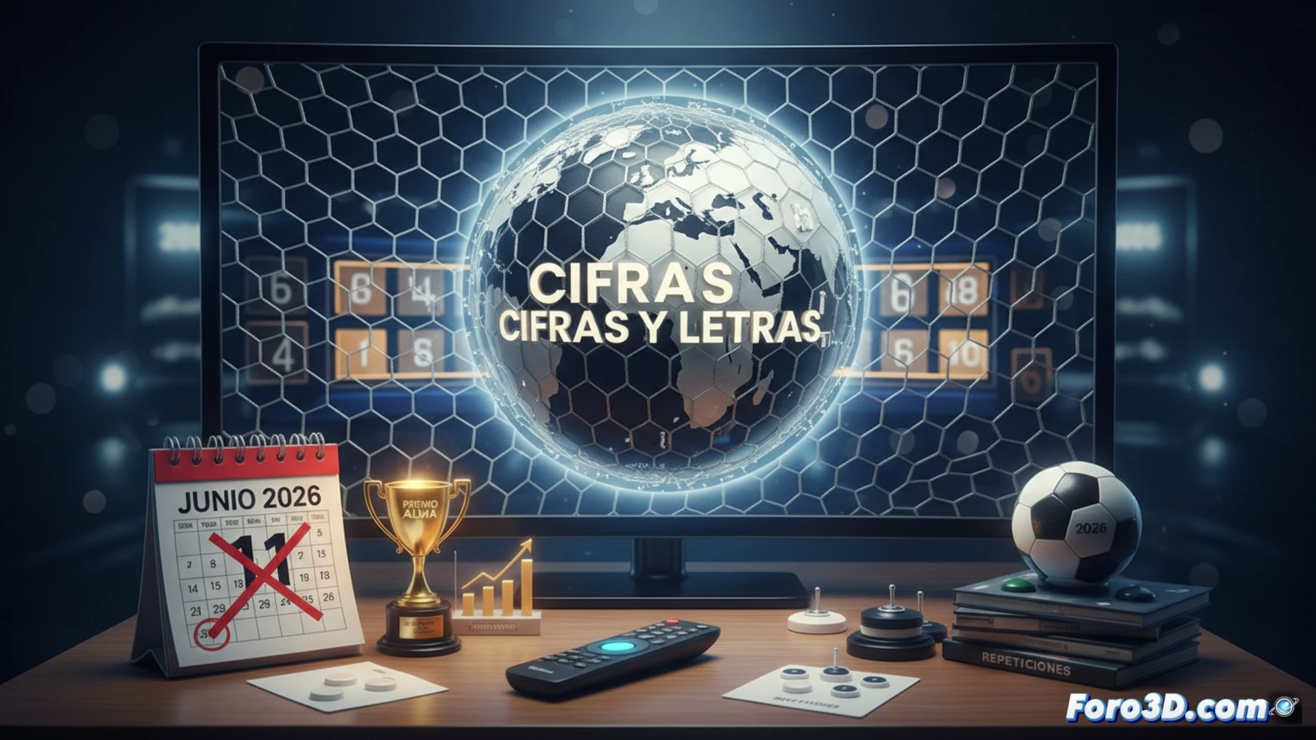 television studio control room, producer pressing pause button on a broadcast console while a game show set with numbers and letters fades to a soccer stadium hologram, monitor wall showing football match countdown timer, red ON AIR light switching to STANDBY, cables and mixing desk with faders in mid-motion, cinematic technical illustration, cool blue and warm amber lighting, photorealistic electronic equipment details, dynamic action of interruption, ultra-sharp focus on control panel and screen transition