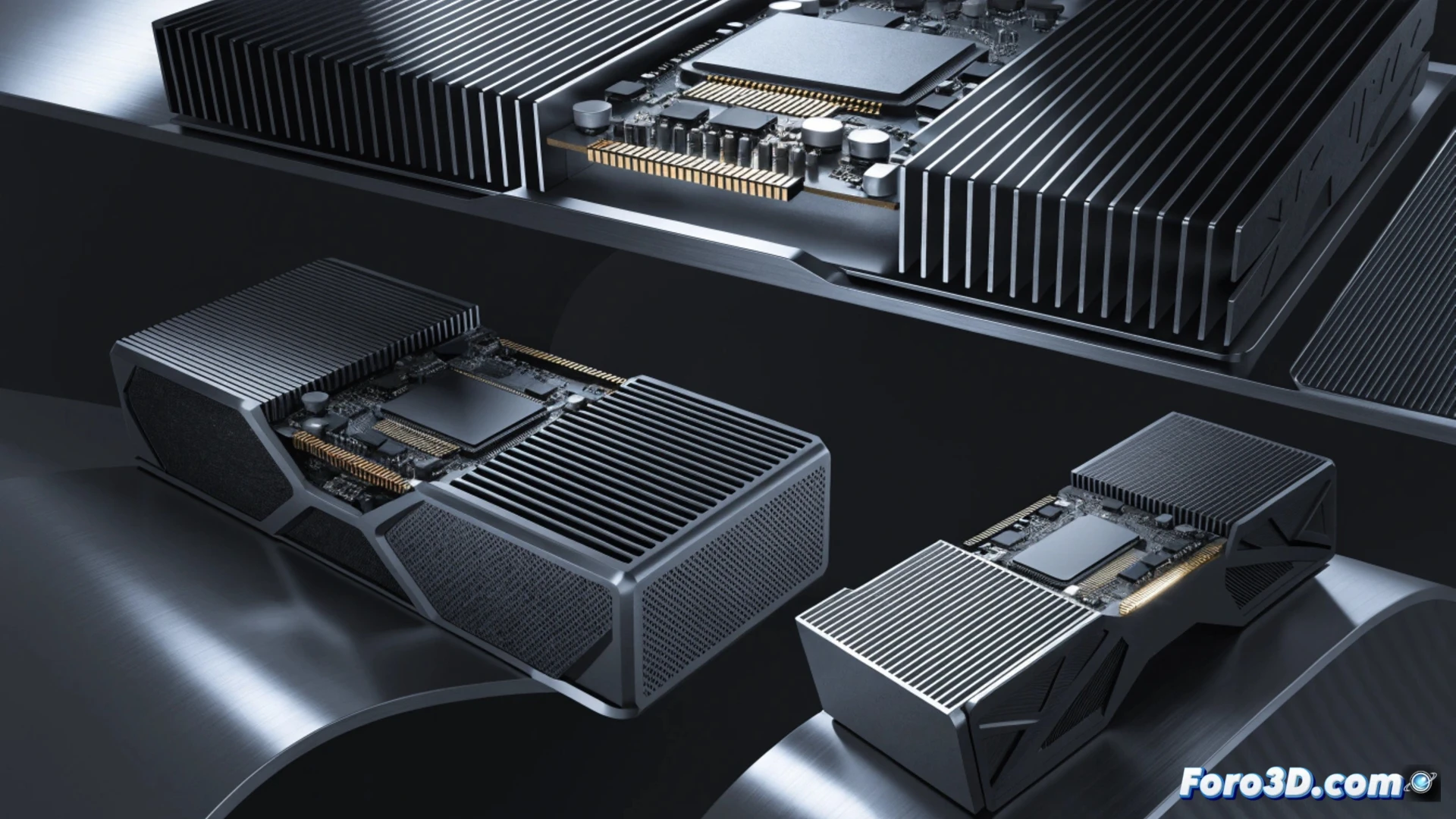 RTX 5080 graphics card being inserted into a motherboard slot, glowing VRAM modules labeled with upward arrows, energy consumption meter rising from 100 to 117 percent, price tag increasing beside the card, while a technician adjusts cooling fans, cinematic engineering visualization, dark metallic interior, dramatic blue LED lighting, photorealistic technical render, detailed circuit traces and thermal pads visible