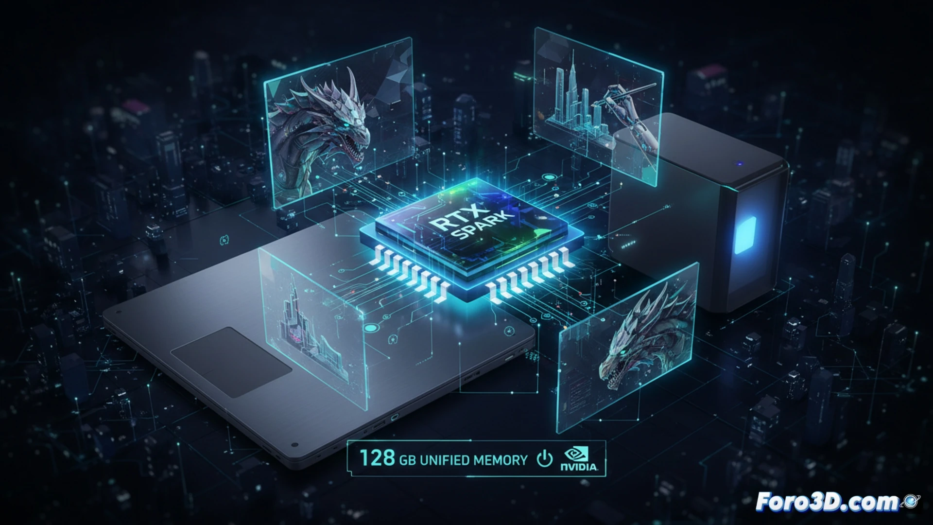 Chip Nvidia RTX Spark en placa base de laptop con disipador y componentes electrónicos