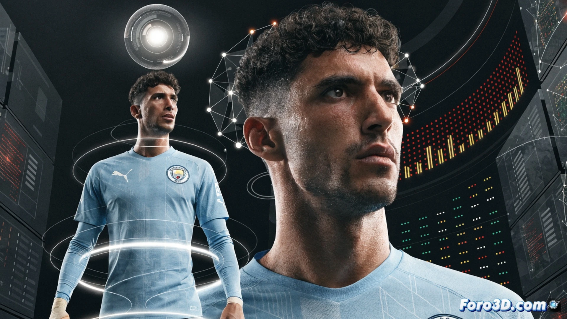 Rúben Dias en acción defensiva, modelo 3D semitransparente mostrando su postura y líneas de anticipación, conos de datos tácticos flotando en el campo, gráficos de radar de posicionamiento y flechas de movimiento predictivo, delantero rival siendo interceptado sin contacto directo, estadio de fútbol iluminado, estilo cinematográfico técnico, visualización de ingeniería deportiva, texturas metálicas y digitales, profundidad de campo, render fotorrealista.